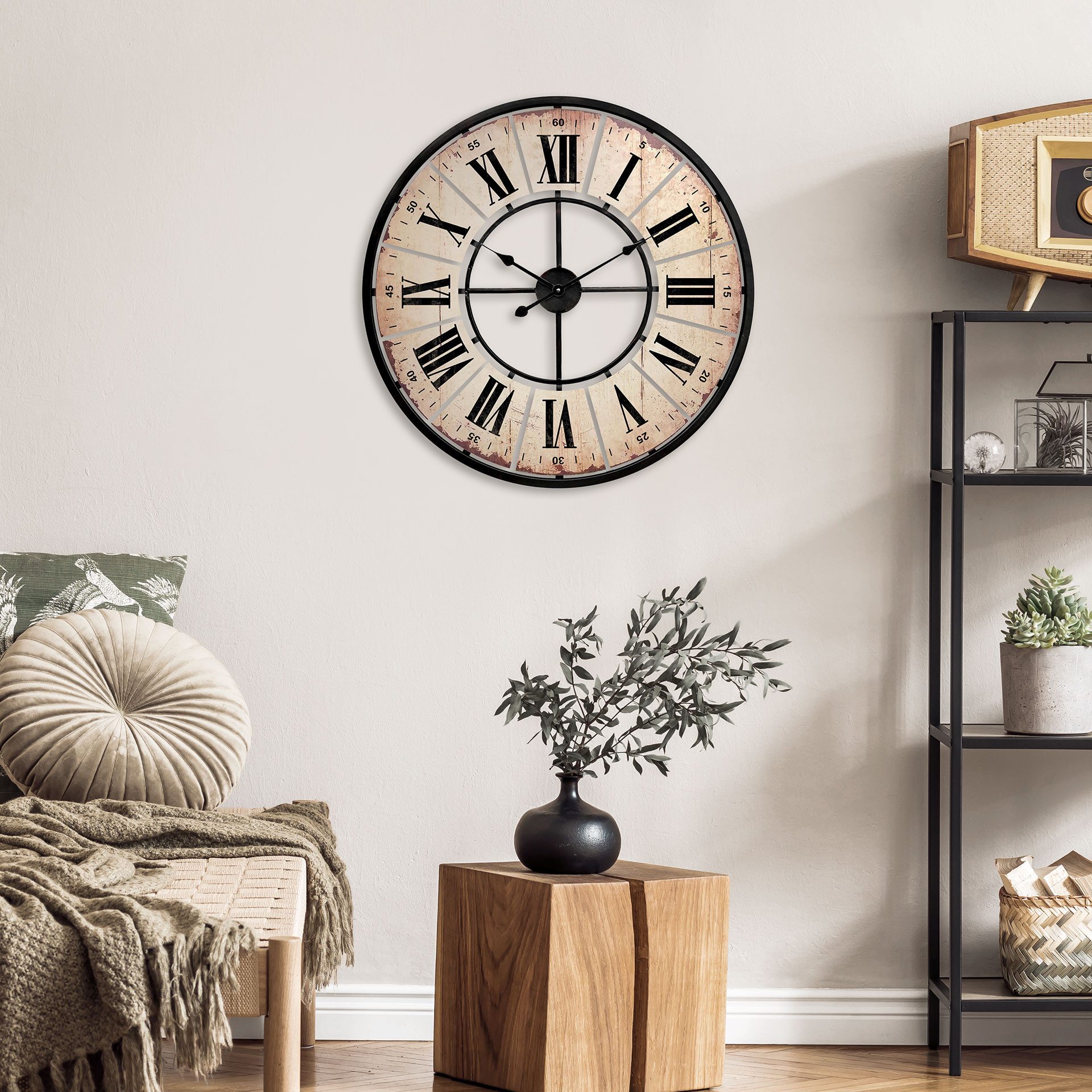K&L Wall Art Wanduhr Große XXL Vintage Metalluhr Wohnzimmer Uhr XL Retro Küchenuhr (Used Look, leises Quarz Uhrwerk)