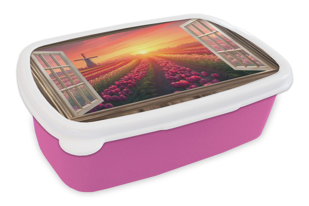 MuchoWow Lunchbox Ausblick - Tulpen - Sonnenuntergang - Blumen - Bunt, Kunststoff, (2-tlg), Brotdosen, Lunch Box, Brotbox für Kinder und Erwachsene