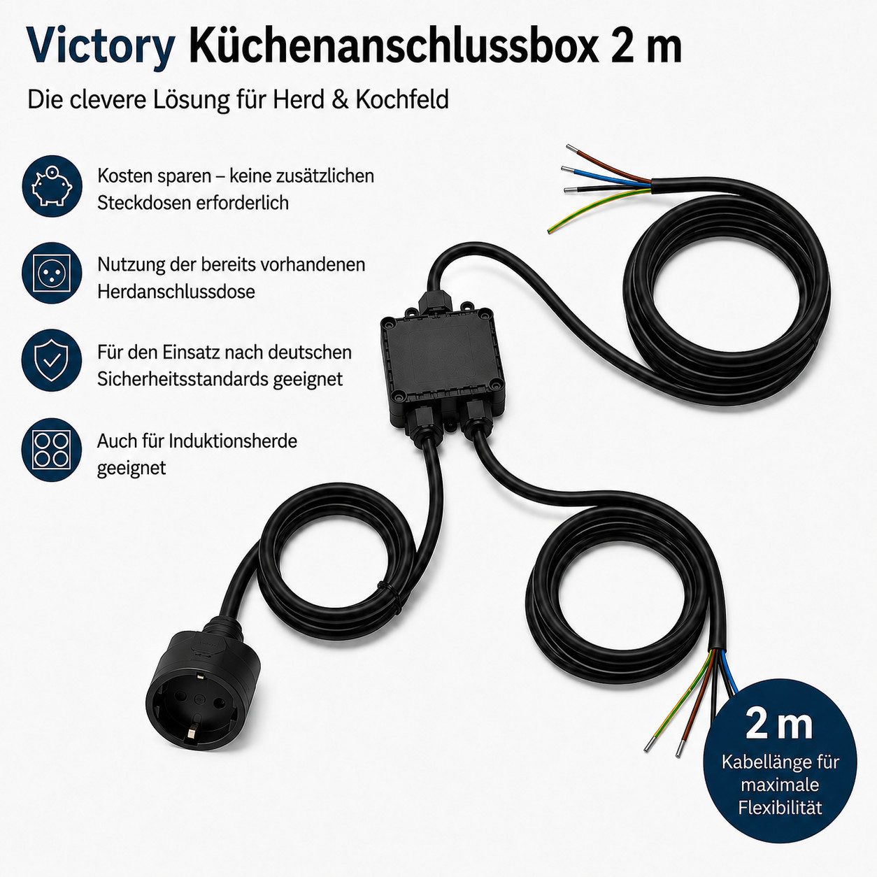 Victory Herdanschlusskabel Verteiler für Kücheneinbaugeräte 2m Power Splitter Elektroherd-Zuleitung