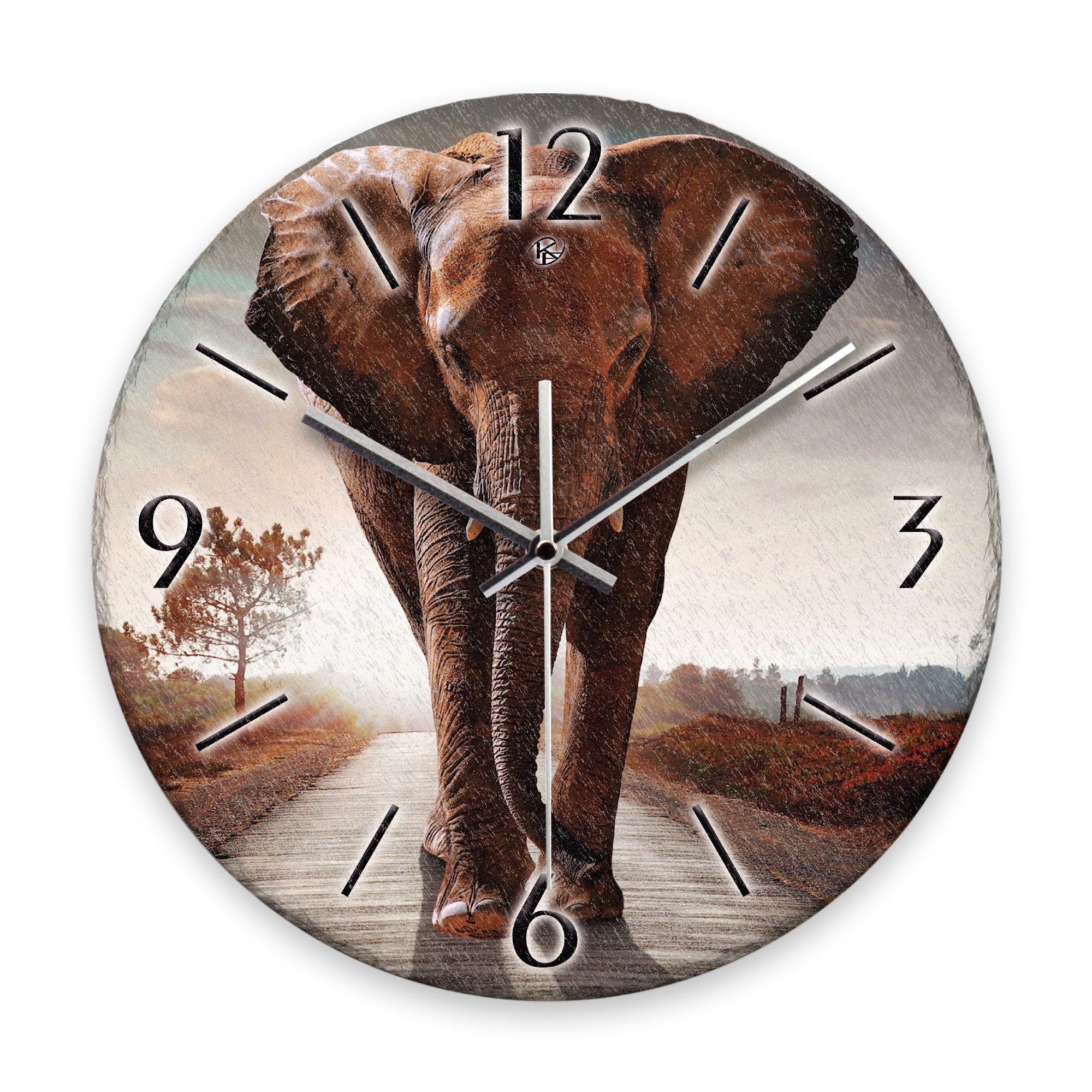 Kreative Feder Wanduhr Wanduhr „Elefant“ aus Stein (Keramik) in Schiefer-Optik (ohne Ticken; Funk- oder Quarzuhrwerk; ⌀ 30cm; außergewöhnlich)