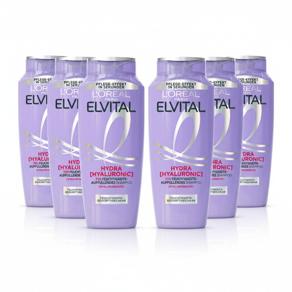L'ORÉAL PARIS Haarshampoo L'Oréal Paris Elvital Hydra [Hyaluronic] Shampoo, Packung, 6-tlg., Hyaluronsäure für trockenes Haar, spendet 72h lang Feuchtigkeit.