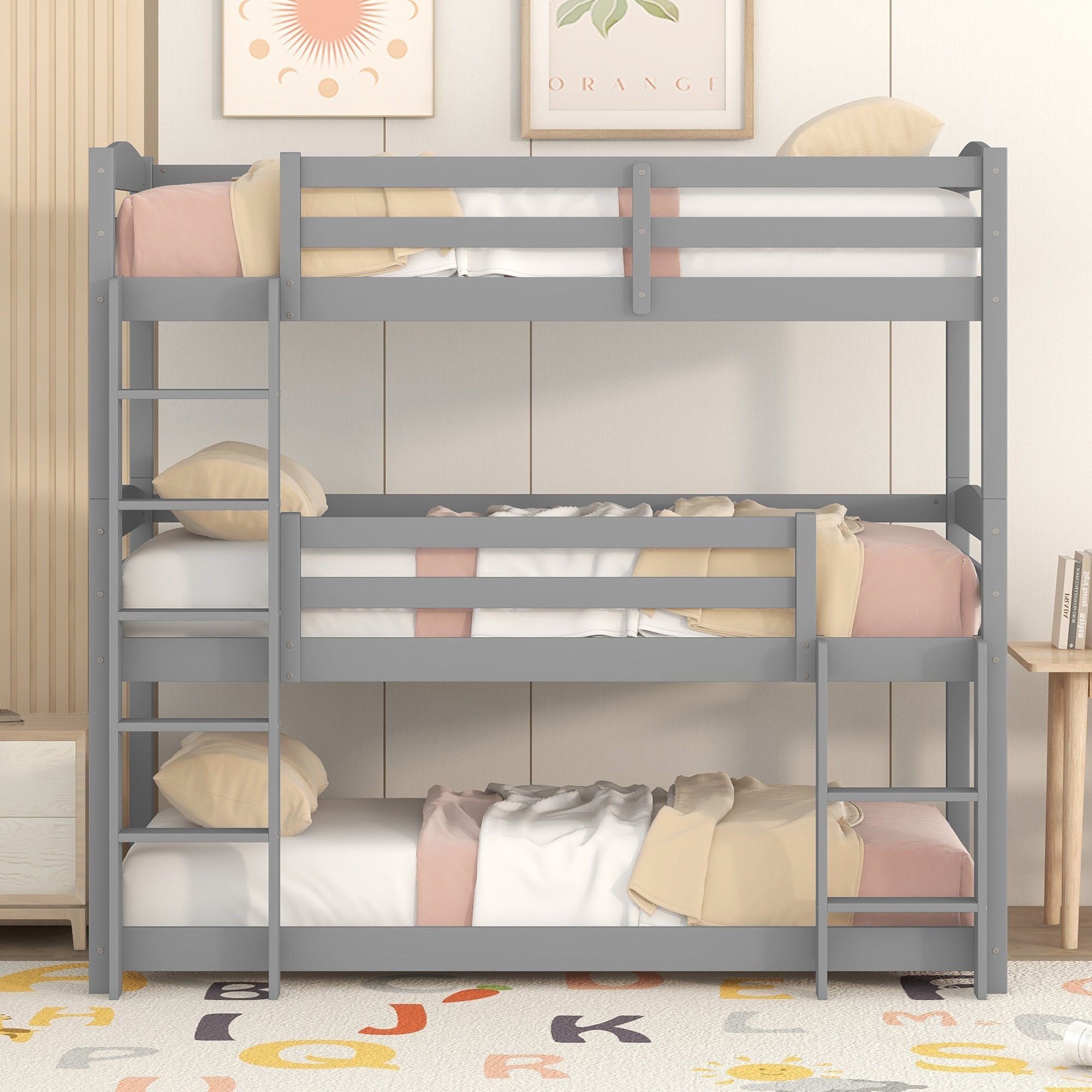 Fangqi Bett 90x200cm großes Dreifach-Einzelbett aus Holz, Kinder Bett