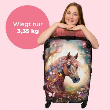 NoBoringSuitcases.com© Koffer Pferd - Natur - Blumen - Schmetterlinge - Wald 67x43x25cm, 4 Rollen, Mittelgroßer Koffer für Mädchen, Kinder Trolley