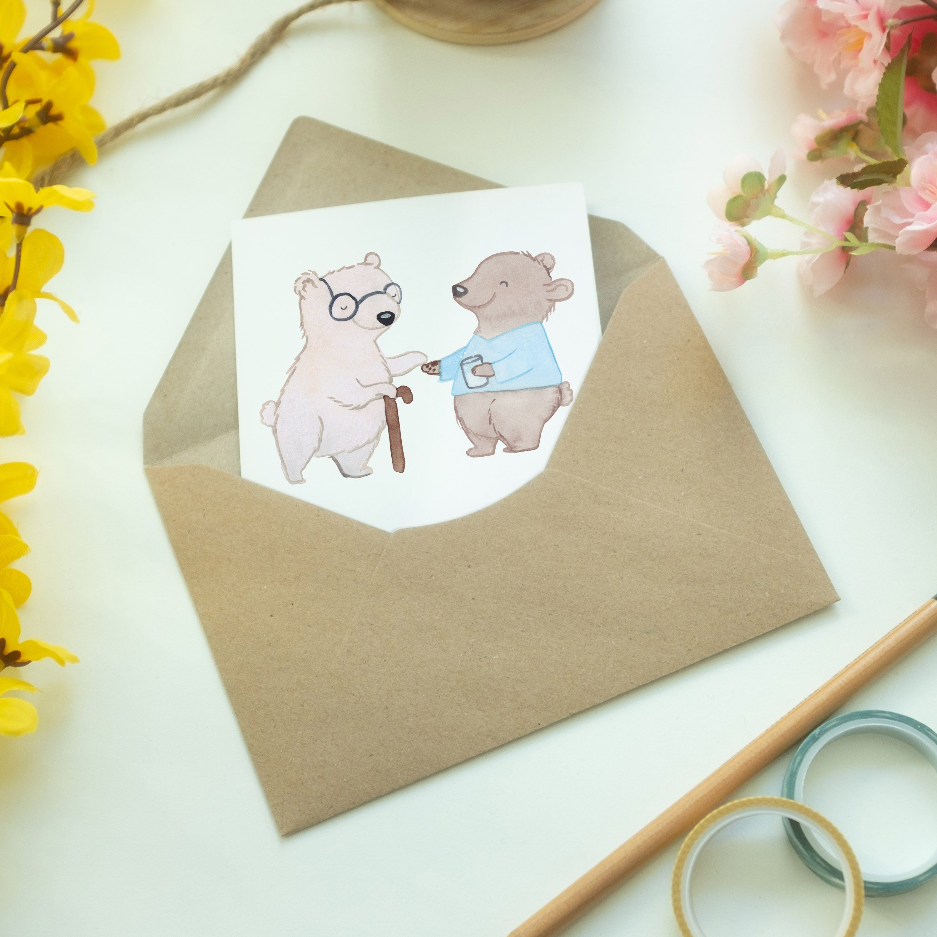 Grußkarte Mrs. Mr. Panda & Klappkarte, Ausbildun - Geschenk, mit - Krankenpflegehelfer Herz Weiß