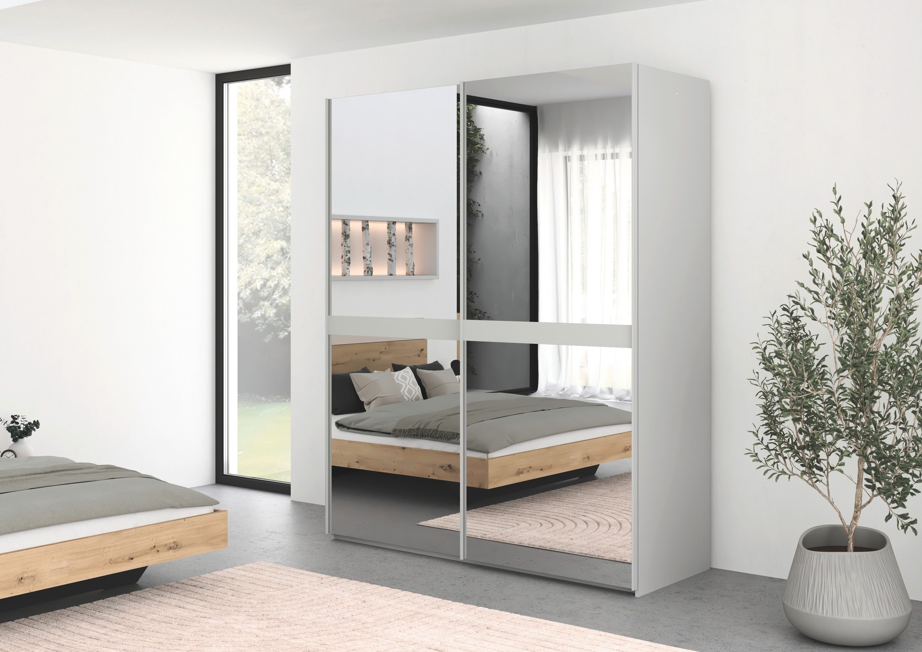 rauch Schwebetürenschrank Kleiderschrank Schrank Garderobe Schlafzimmerschrank SCALE-LINE edle Optik mit Bauchbinde in Korpusfarbe Spiegelfront MADE IN GERMANY
