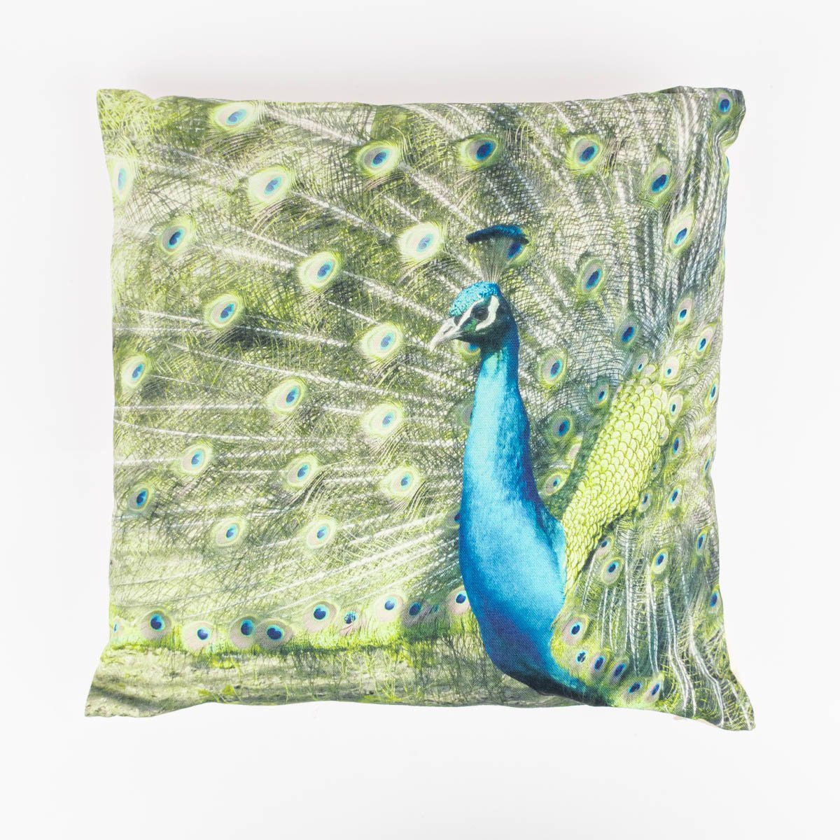 ELBERSDRUCKE Dekokissen Dekokissen Pfau aus Baumwolle grün blau natur 45x45cm, allergikergeeignet,atmungsaktiv,pflegeleicht