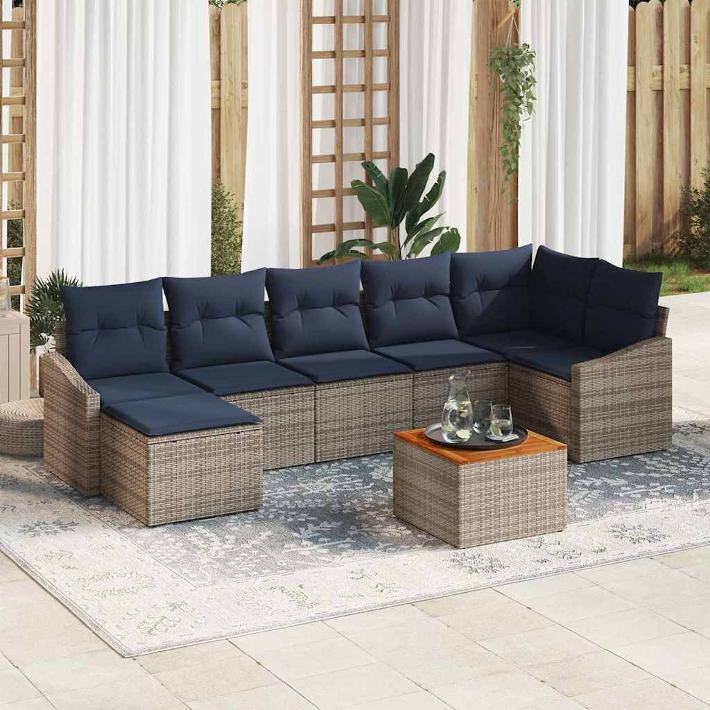 vidaXL Gartenlounge-Set Gartensofa-set 8 pcs Grau und Marineblau Poly-Rattan, (8-tlg)
