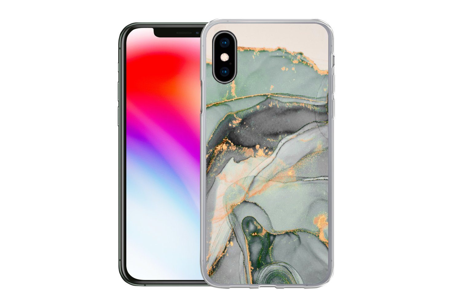 MuchoWow Handyhülle für Apple iPhone X Gold - Marmor - Grün - Luxus - Glitzer - Marmoropti, Smartphone-Bumper, Print, Handy Schutzhülle Dünn