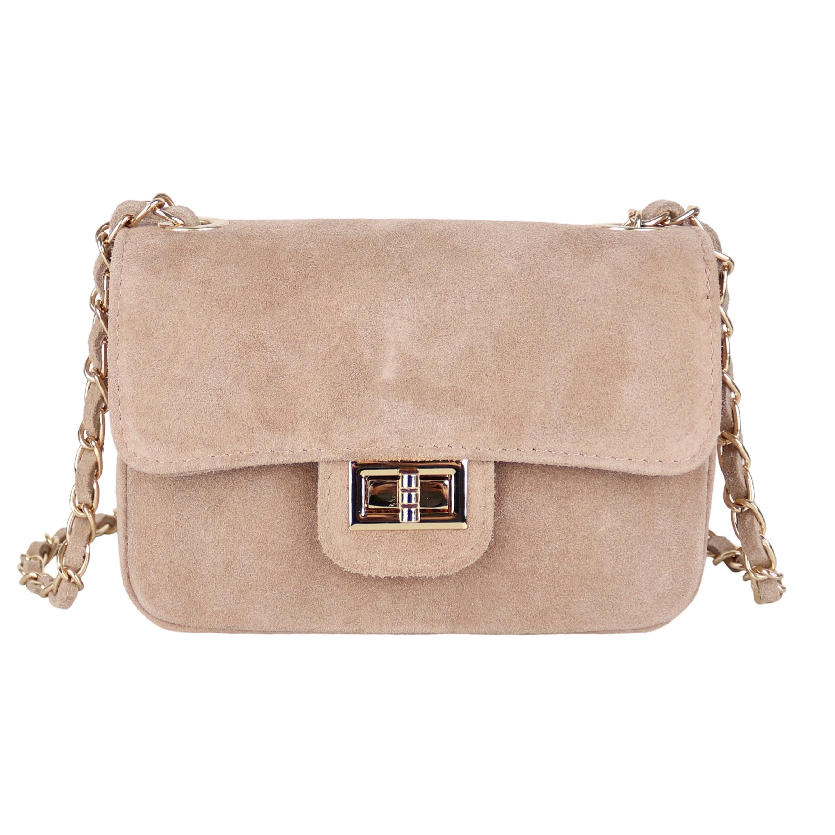 MIRROSI Umhängetasche DamenHandtasche aus Wildleder Made in Italy, mit Kettenriemen, Drehverschluss, ca. 20 x 12 x 8 cm