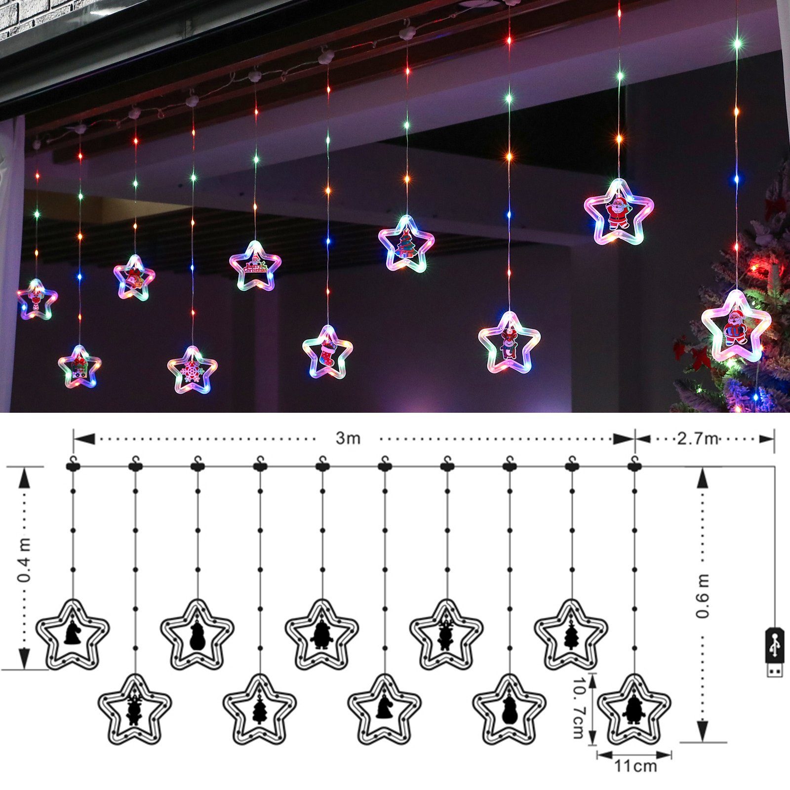 Rosnek LED-Lichtervorhang 3M, 8 Modi, Fernbedienung, für Multicolor USB/Batterie, Weihnachten