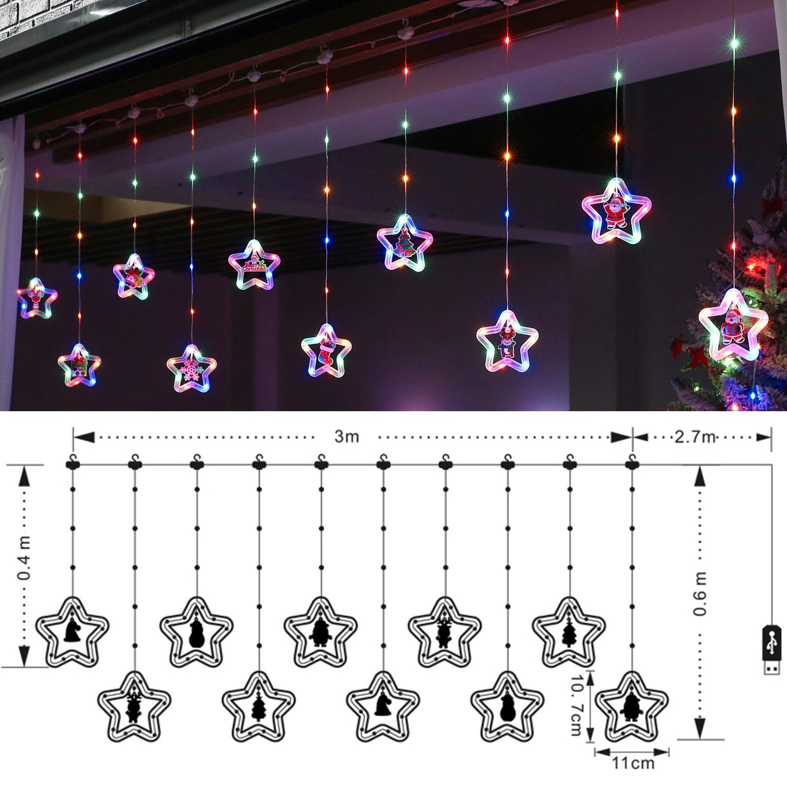 Rosnek LED-Lichtervorhang 3M, 8 Modi, Fernbedienung, USB/Batterie, für Weihnachten