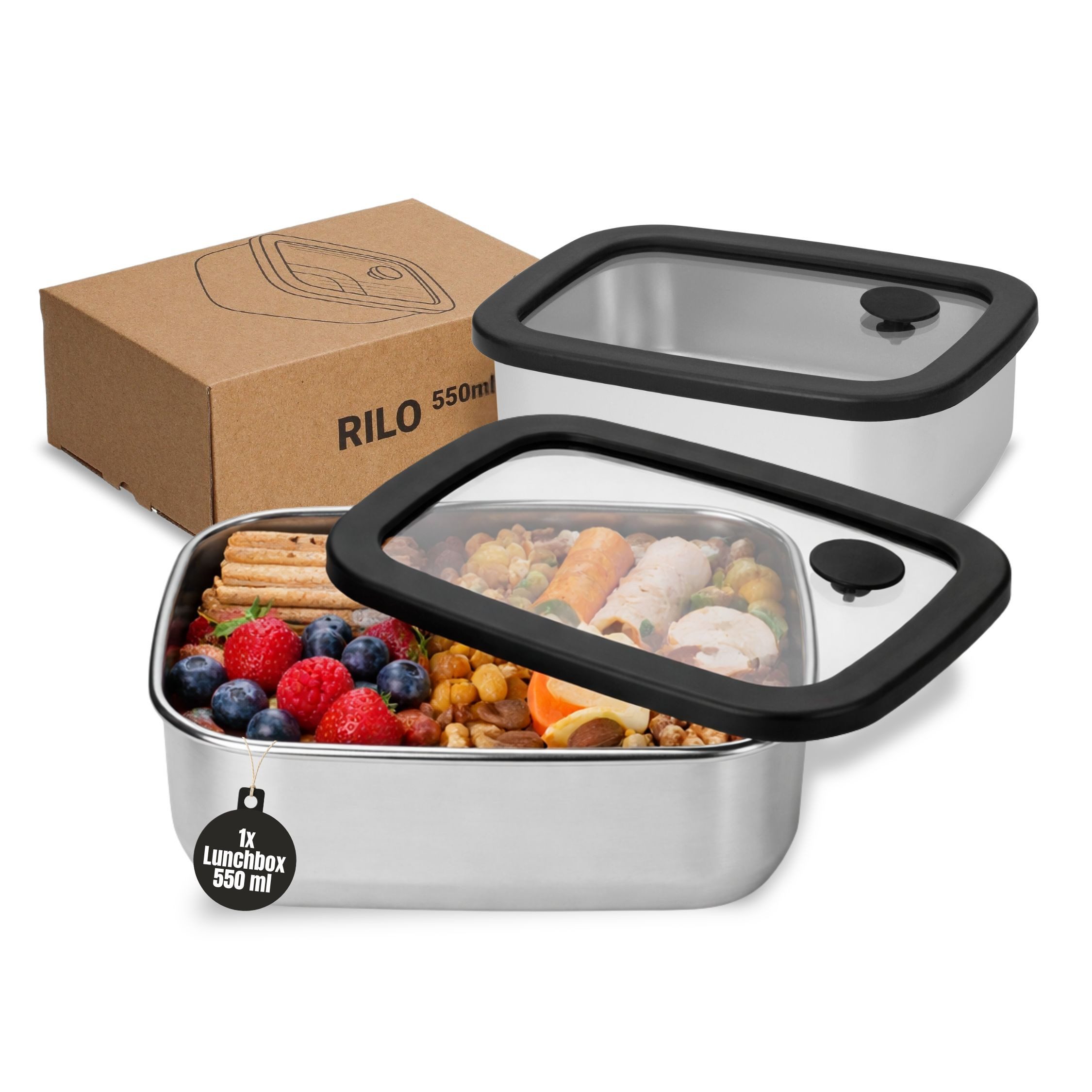elasto Lunchbox Edelstahl Box mit Glasdeckel 550 ml auslaufsichere Brotdose Edelstahl