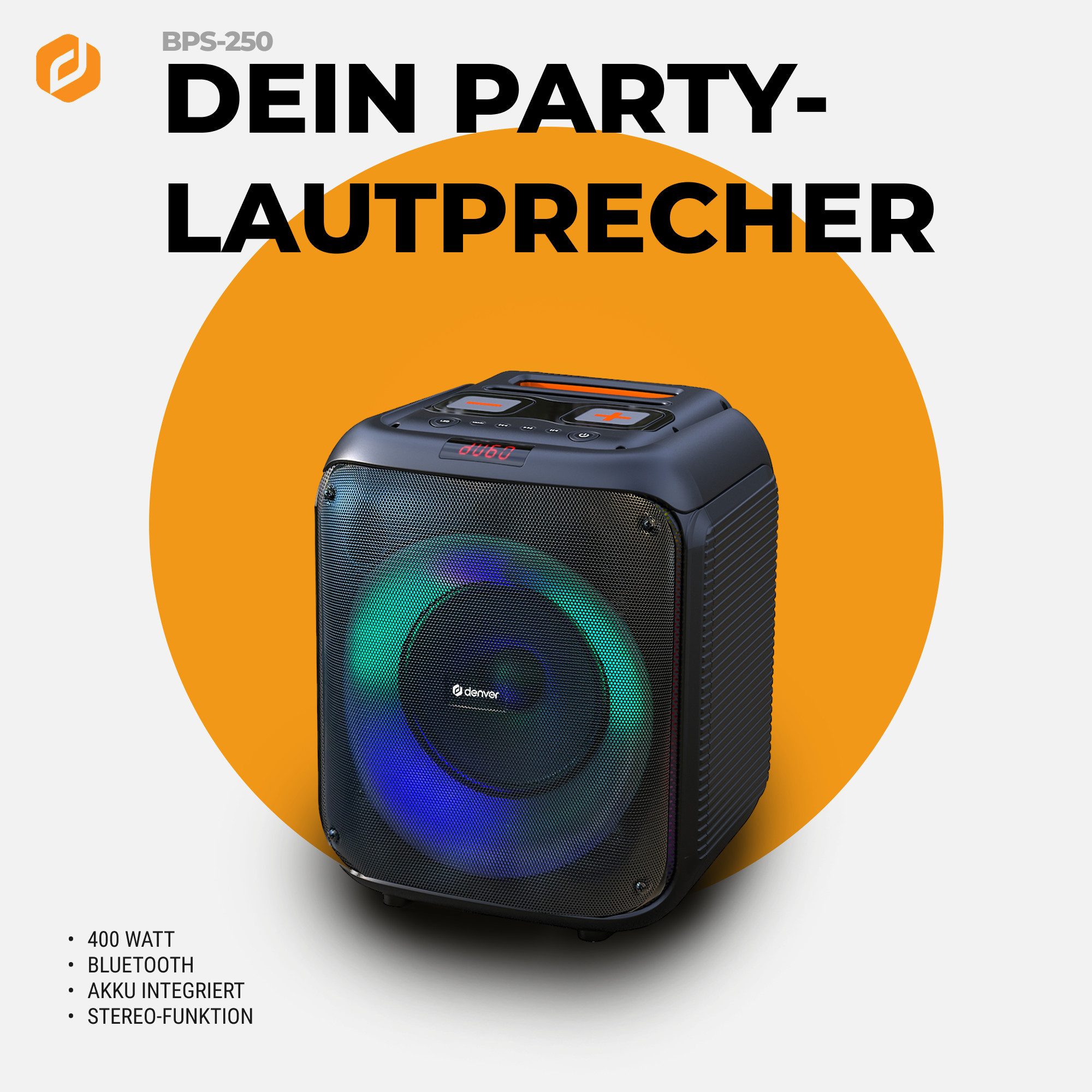 Denver BPS-250 Party-Lautsprecher 1.0 (Mono) (Bluetooth, 40 W, Lightshow mit Rhythmus, TWS)