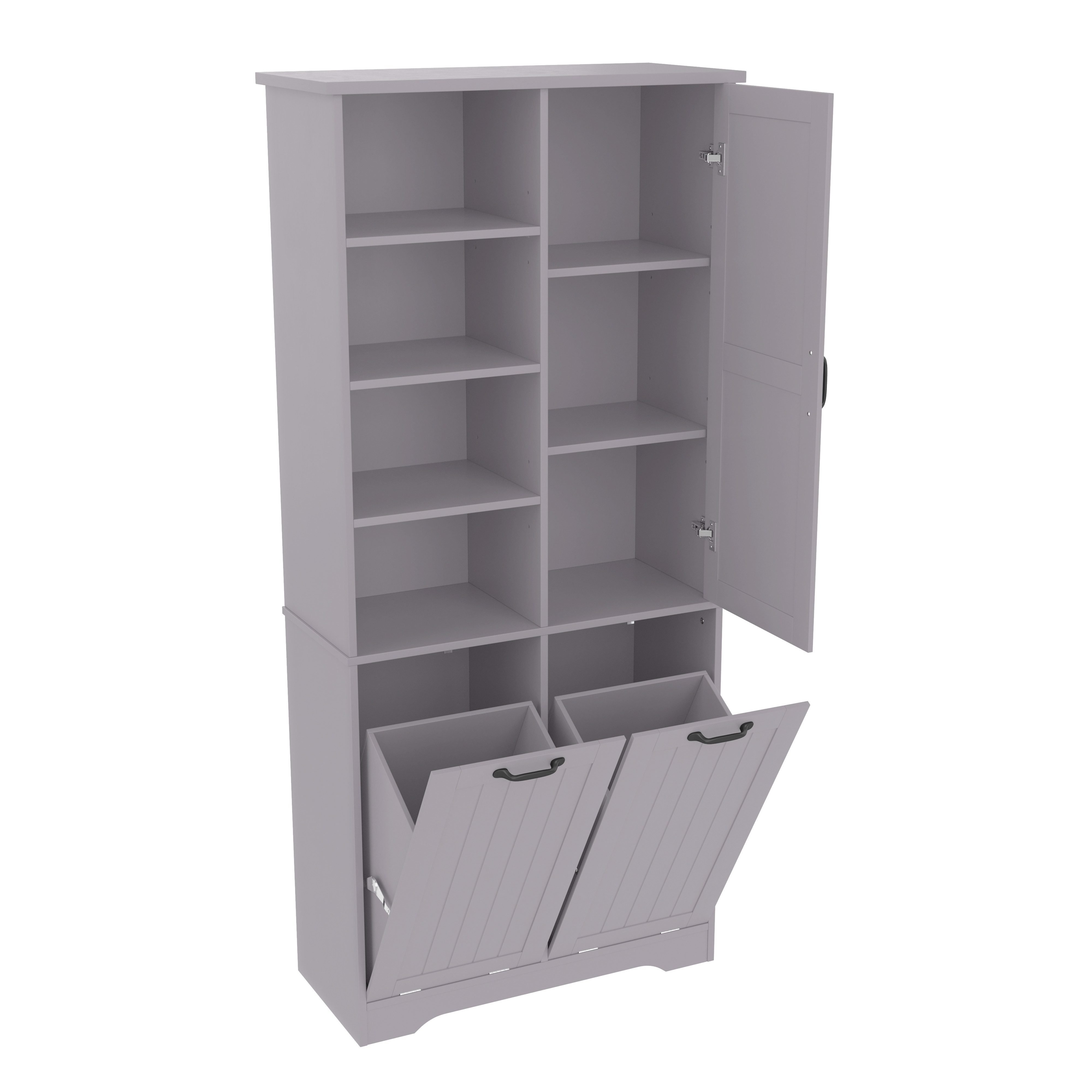 Flieks Badkommode Badezimmerschrank mit doppelter Wäschekorb und 7 Fächern (B78/T35/H172,7 cm, 1 St., Wäscheschrank mit verstellbaren Einlegeböden, Volllackierung), Hochschrank mit 2 Klappen feuchtigkeitsbeständig Holzschrank Grau