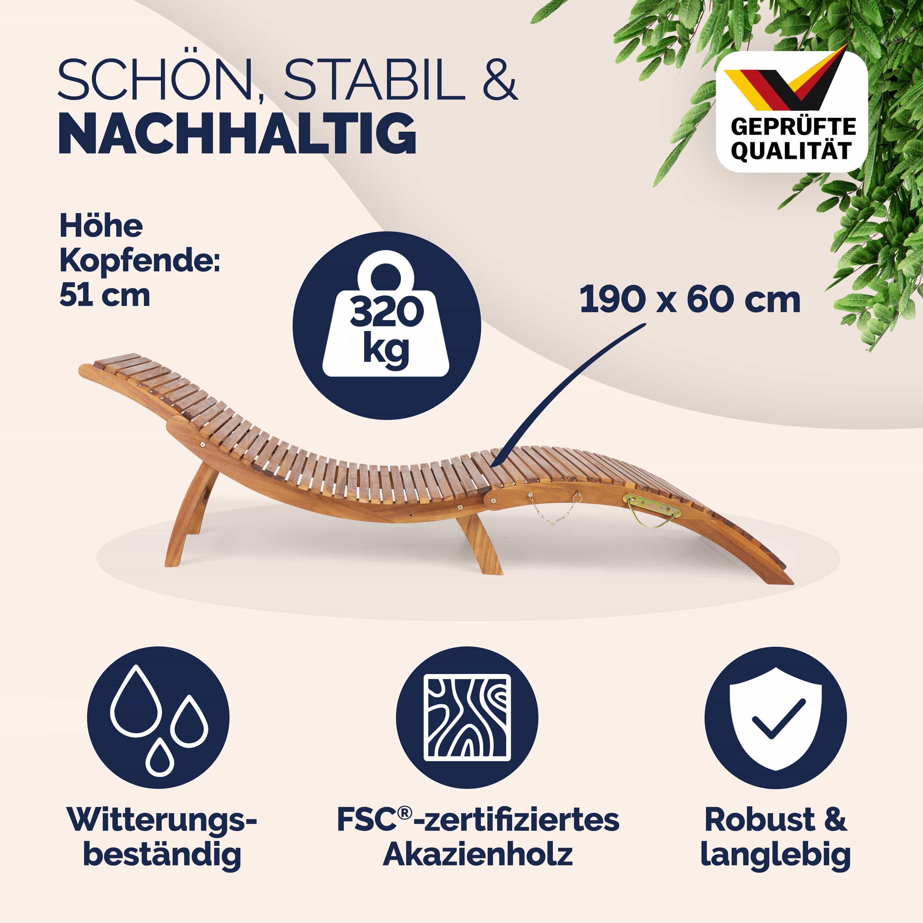 Casaria Gartenliege Braun, Holz Gartenliege FSC®-zertifiziert 320kg Belastbar Garten Akazie – Bild 2 von 5