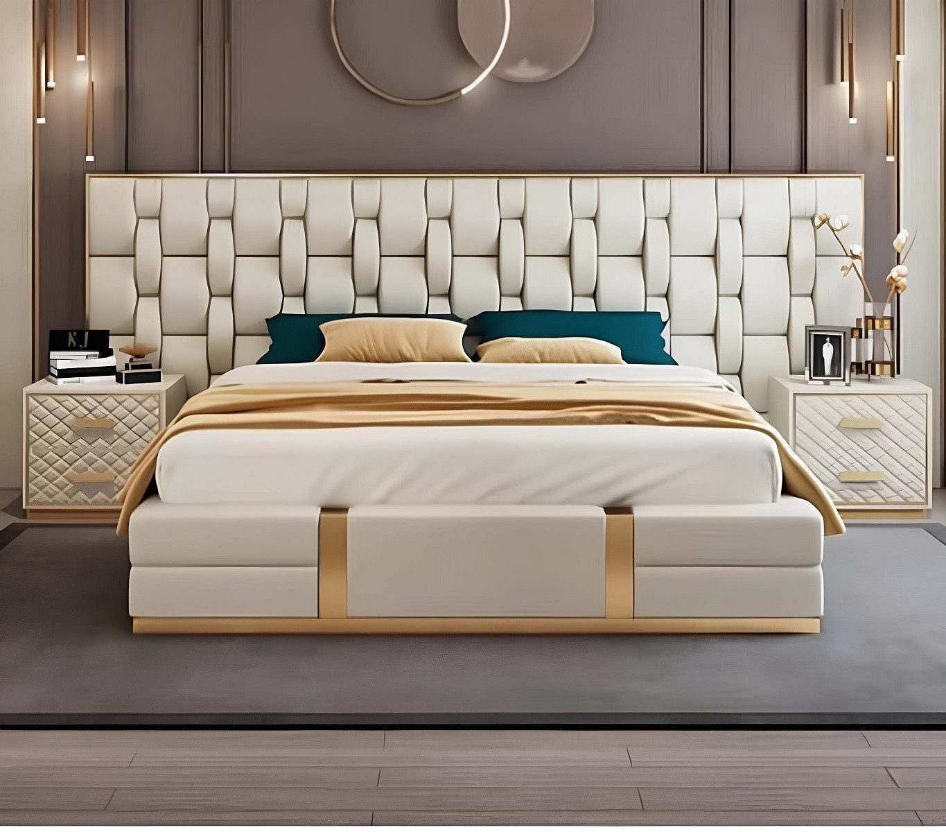 Xlmoebel Polsterbett Luxuriöses gepolstertes Doppelbett in edlem Beige (Doppelbett, Bett), Hergestellt in Europa