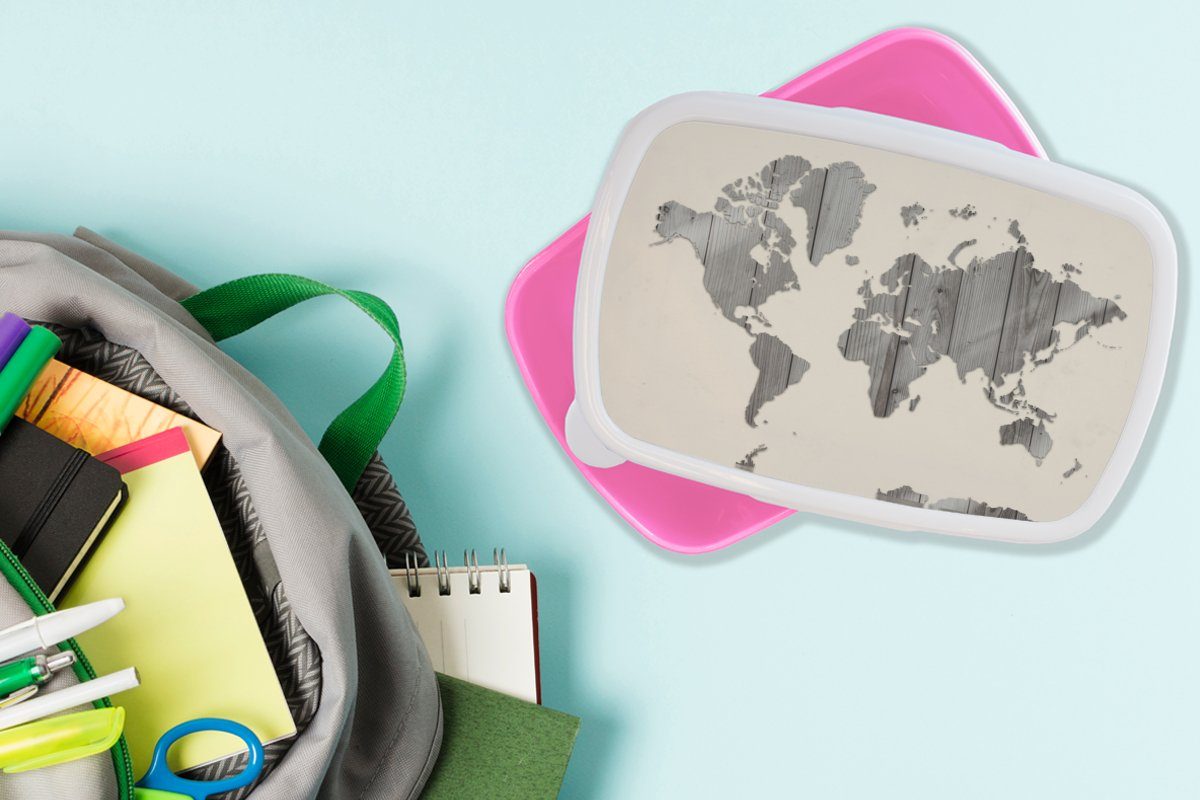MuchoWow Lunchbox Weltkarte - Beige Kunststoff, Schwarz Weiß, Erwachsene, für Brotbox rosa Brotdose - Kunststoff (2-tlg), Snackbox, Mädchen, - Kinder