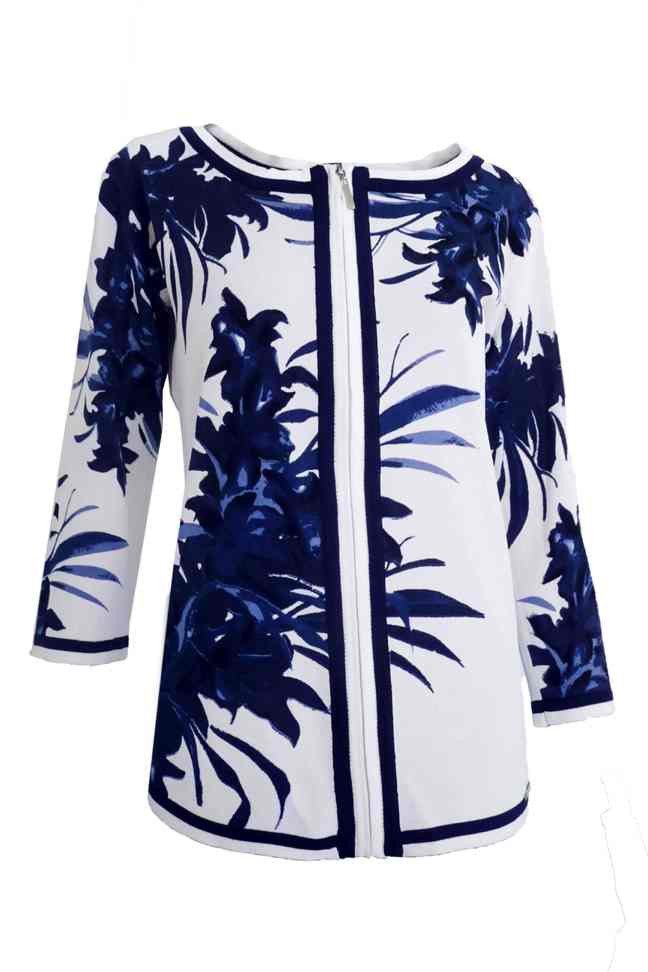 Passioni Cardigan Cardigan mit Reißverschluss in Weiß mit marineblauem Blumendruck