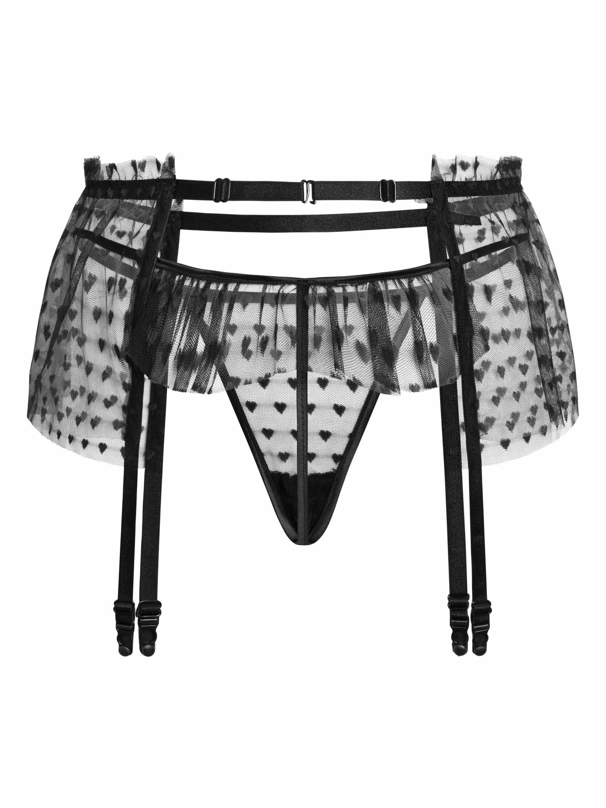Fiore Strapsgürtel Sensual, Strapsgürtel + String-Tanga aus transparentem Tüll mit Herzmuster