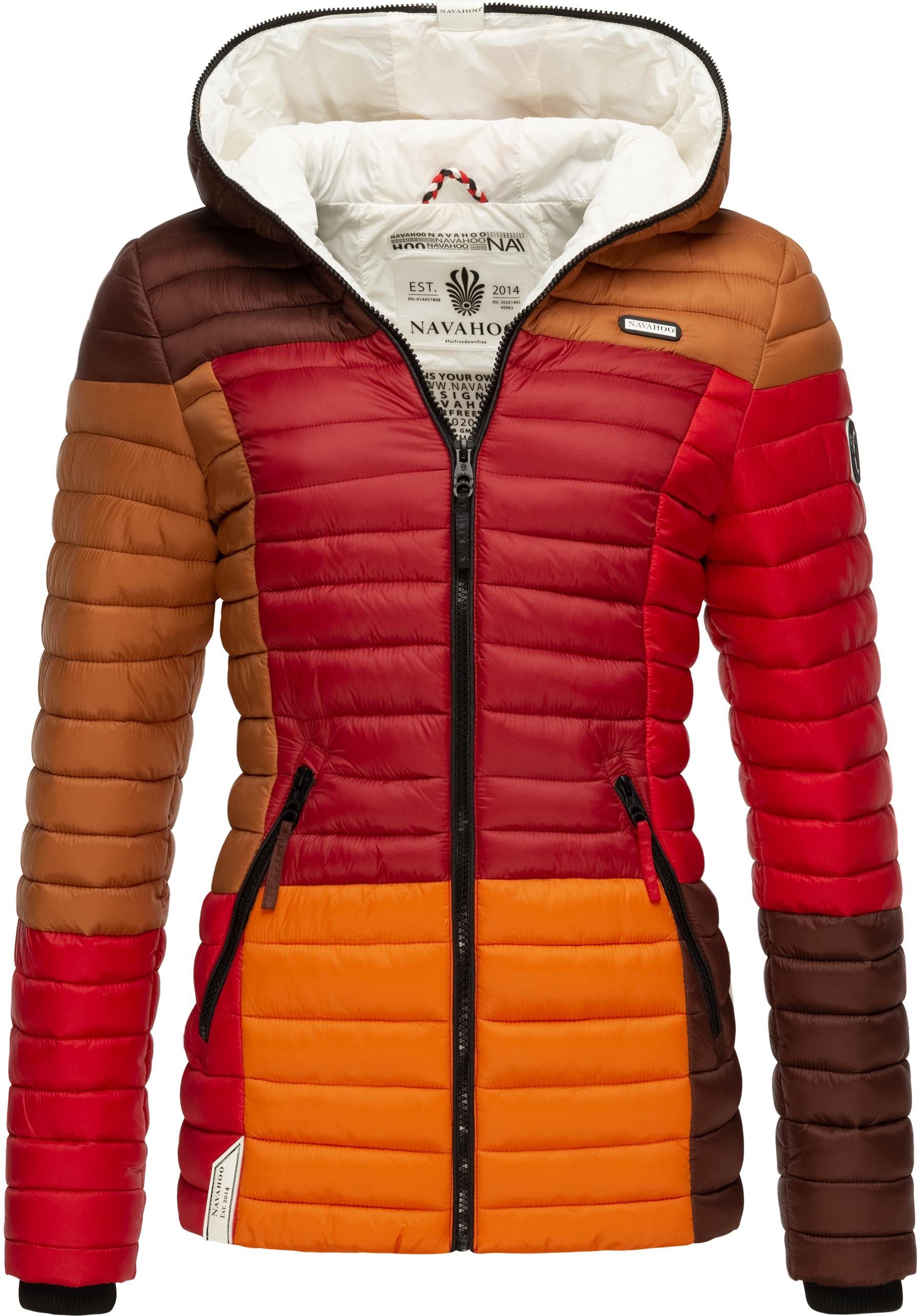 Navahoo Steppjacke Multikulti stylische Colorblocking Übergangsjacke braun m. Kapuze