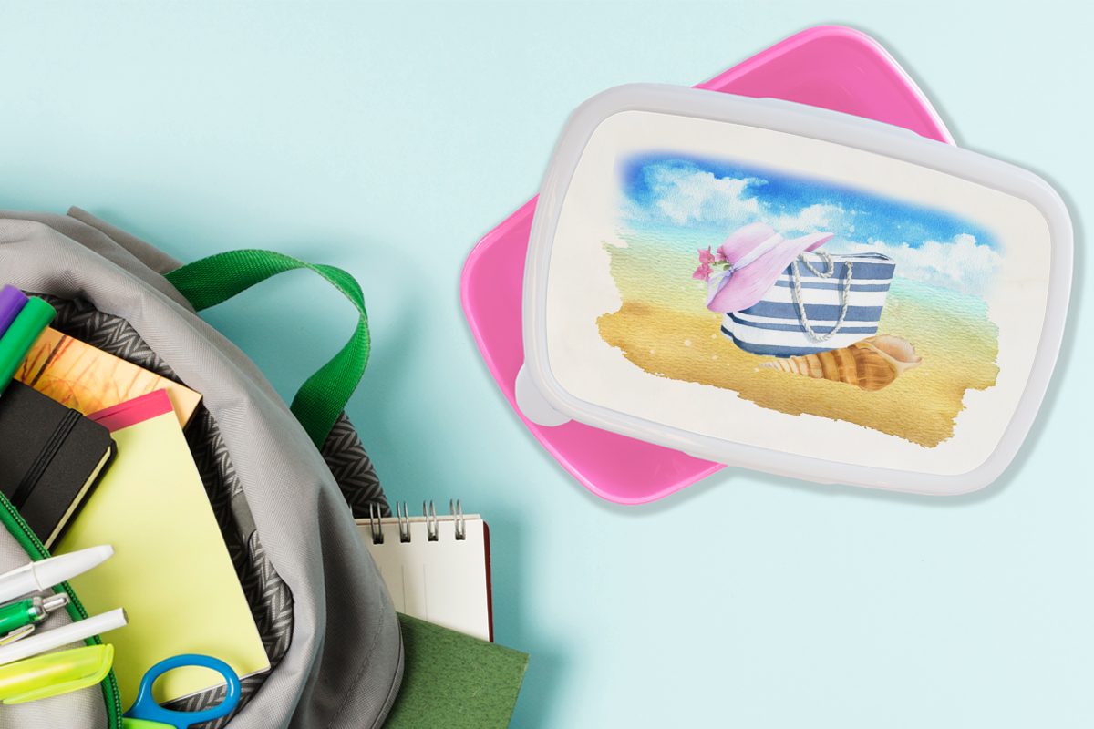 MuchoWow Lunchbox Tasche rosa für Erwachsene, Strand, Brotbox Muschel - Kinder, Brotdose - Kunststoff Hut - Snackbox, Mädchen, (2-tlg), Kunststoff