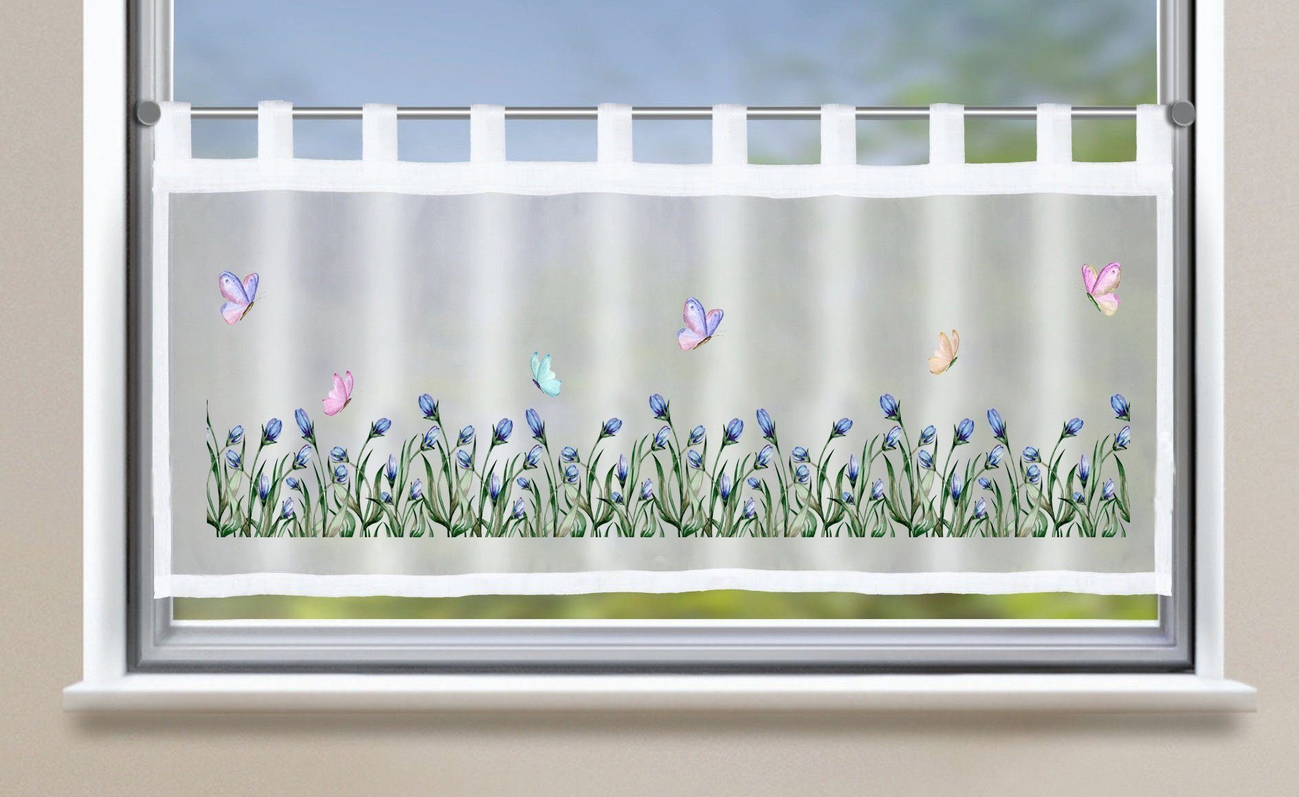 Scheibengardine, Gardinenbox, Schlaufen (1 St), halbtransparent, Bistrogardine »Bodrum« Voile Küchenfenster 2022410 Schmetterling Blau