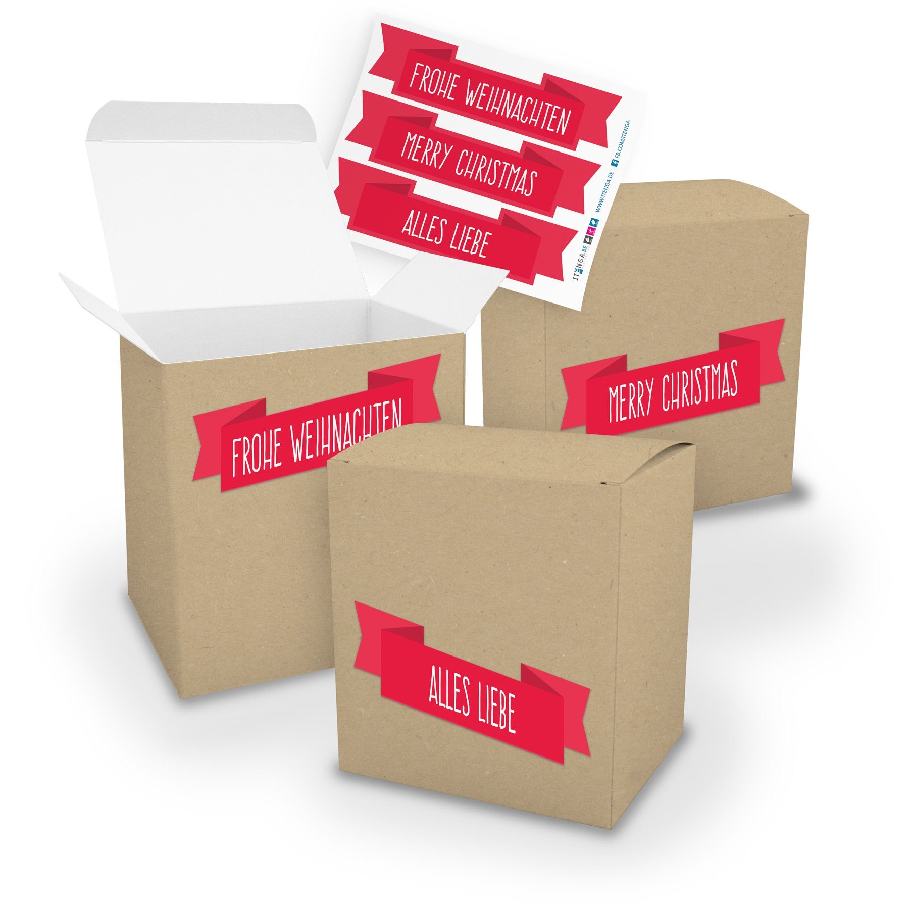 itenga Geschenkbox itenga Geschenkverpackung Set 3x XL Würfel BRAUN+ Stickerbogen Frohe W
