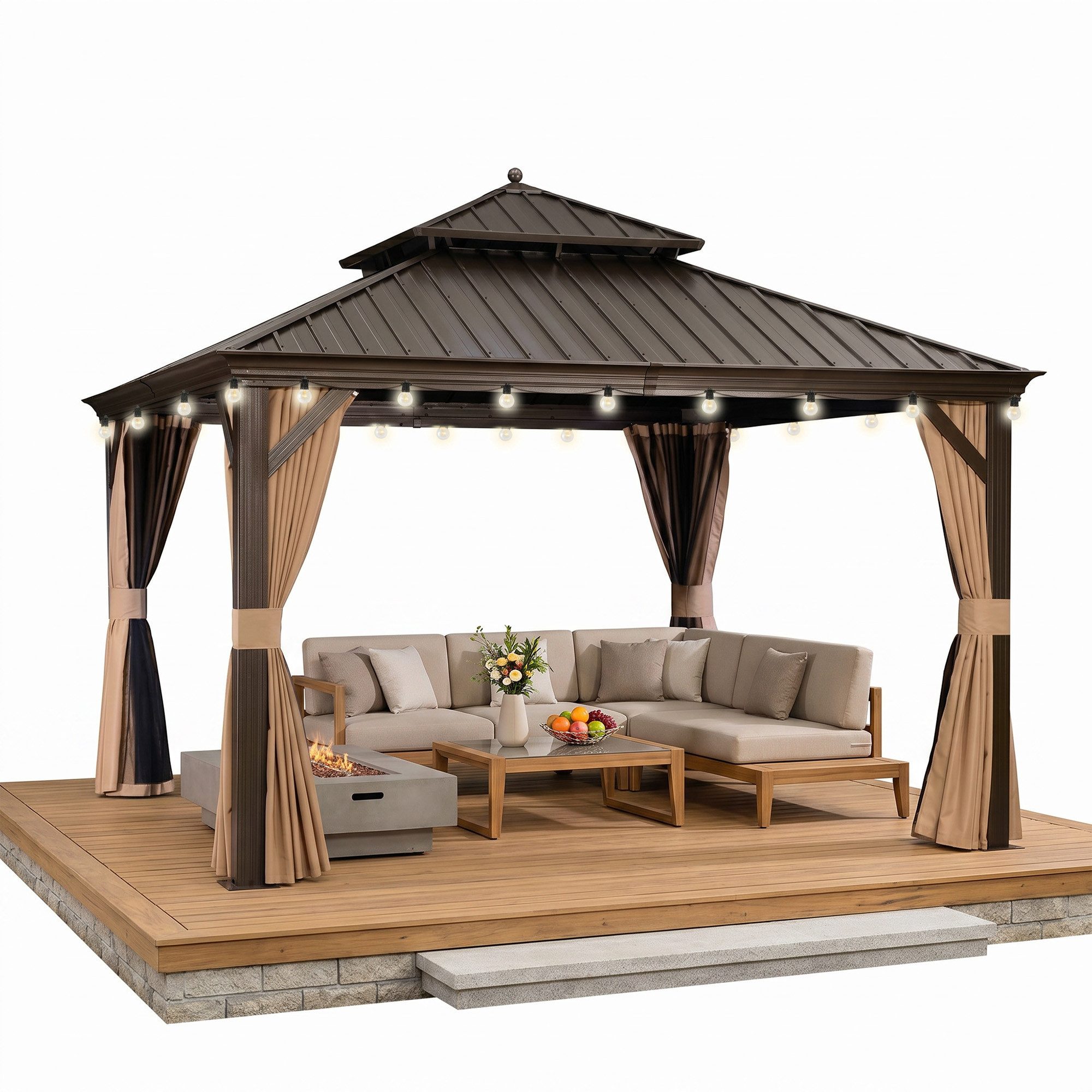 PURPLE LEAF Pavillon Hardtop Alu Gartenpavillon mit Seitenteilen und LED-Beleuchtung, (1 Pavillon + LED-Licht, Vorhängen und Moskitonetz), Wasserdicht, UV-beständig, Privatsphärenschutz