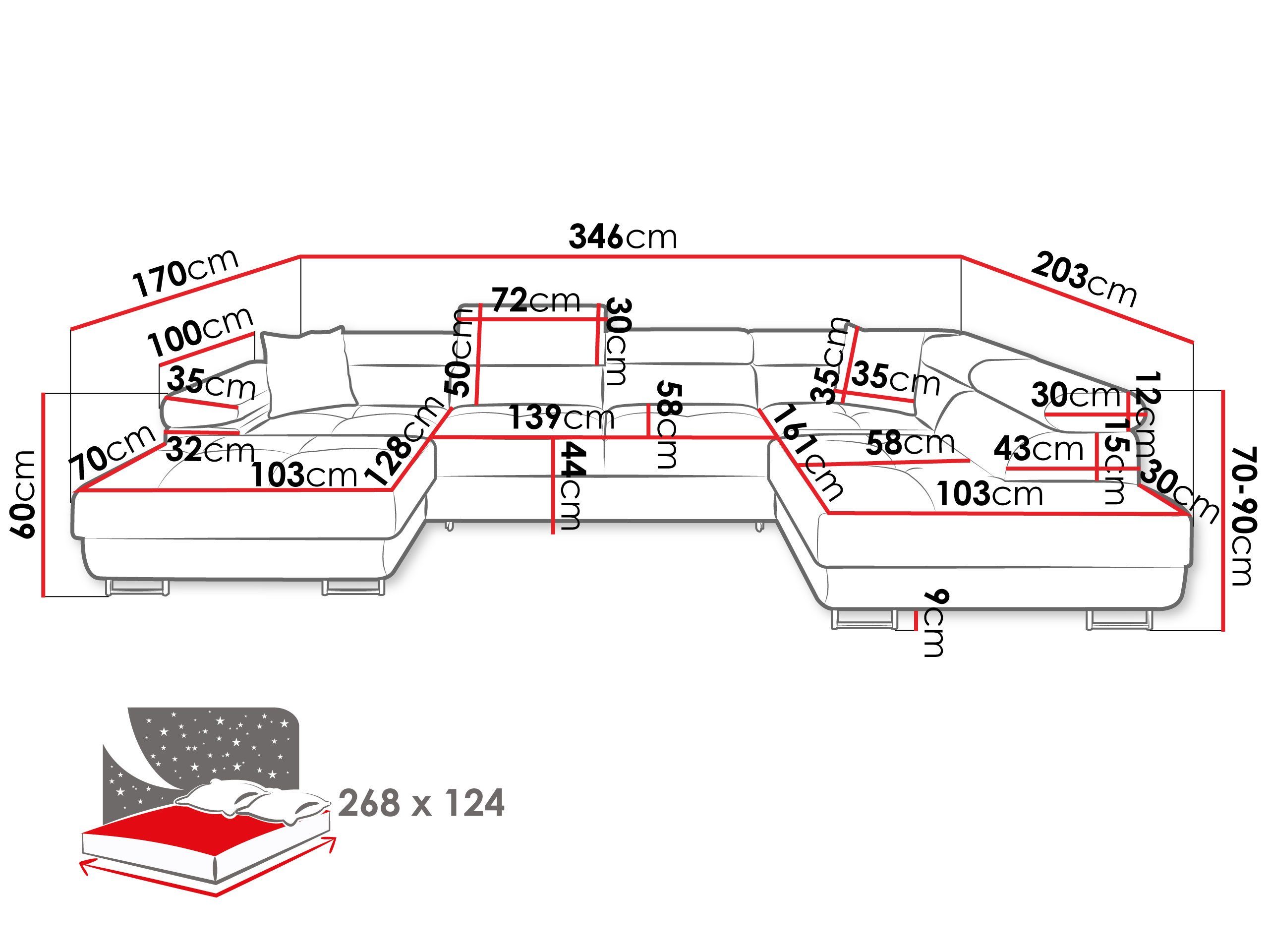 MIRJAN24 Wohnlandschaft Torezio Bis, mit Bettkasten und Schlaffunktion, Einstellbare Kopfstützen, 346x203x70-90 cm, U-Form