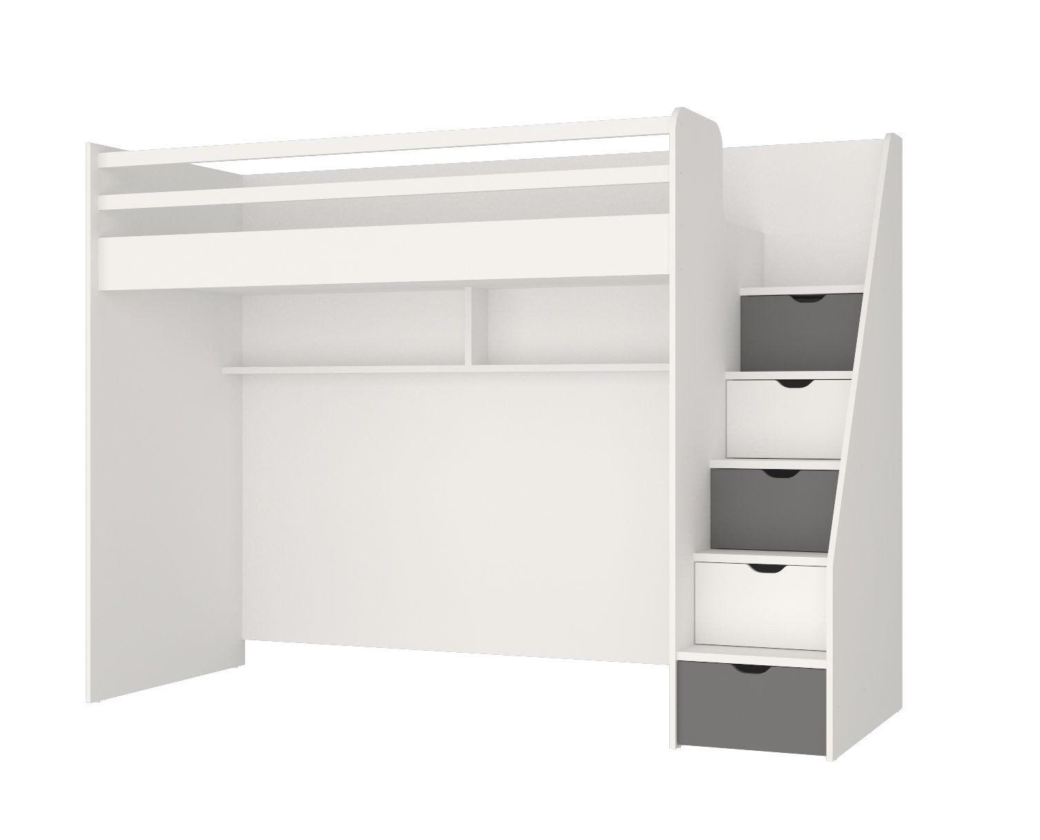 almila Hochbett Neo (1-St) mit Seitentreppe, Stauraum und Regal