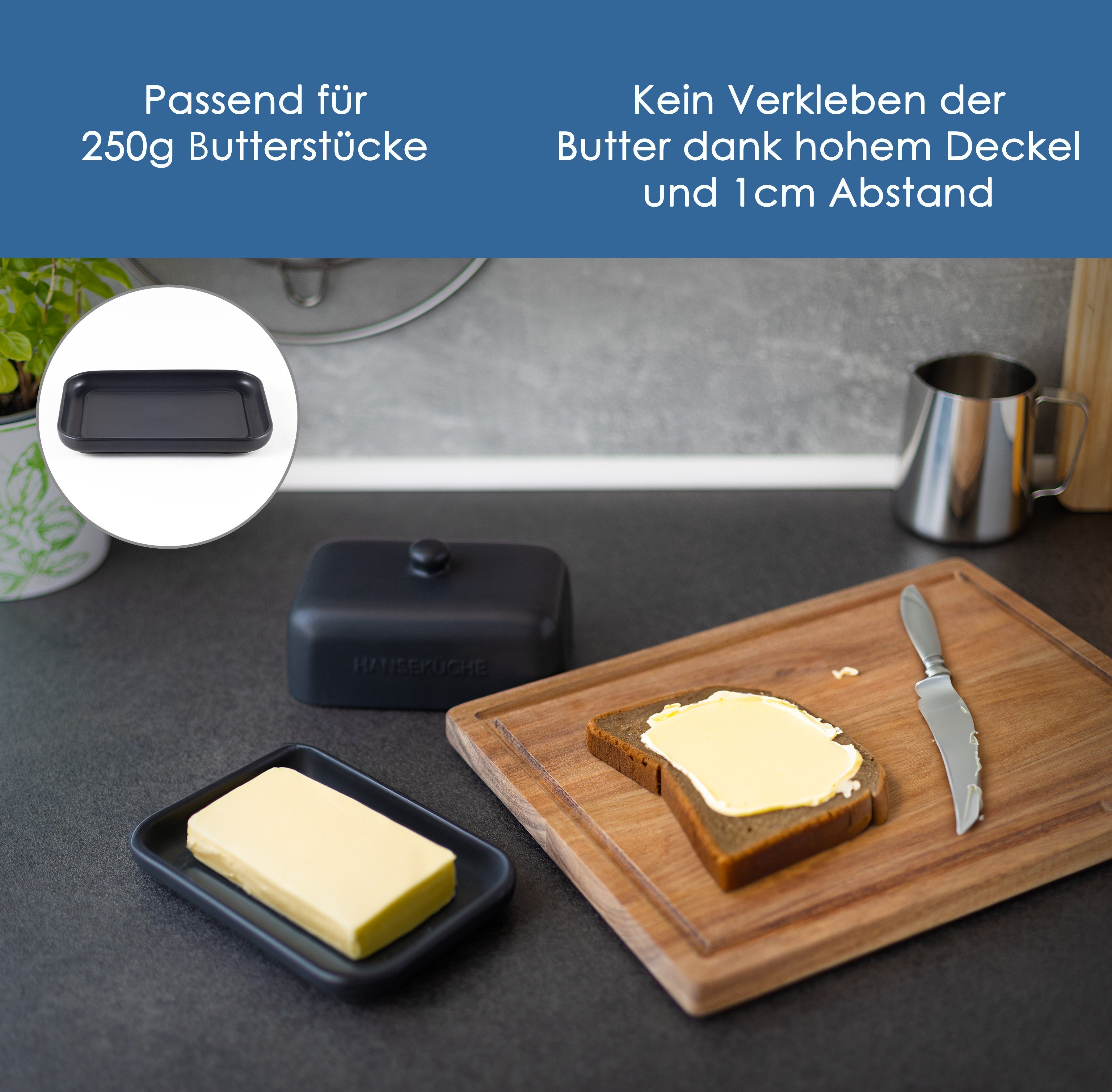 (Butterdose Glas, 1-tlg., Butterdose), Hanseküche und Keramik, lange Optimale Butterdose frisch Hält Keramik Holz Butterdose aus (250g), Größe,