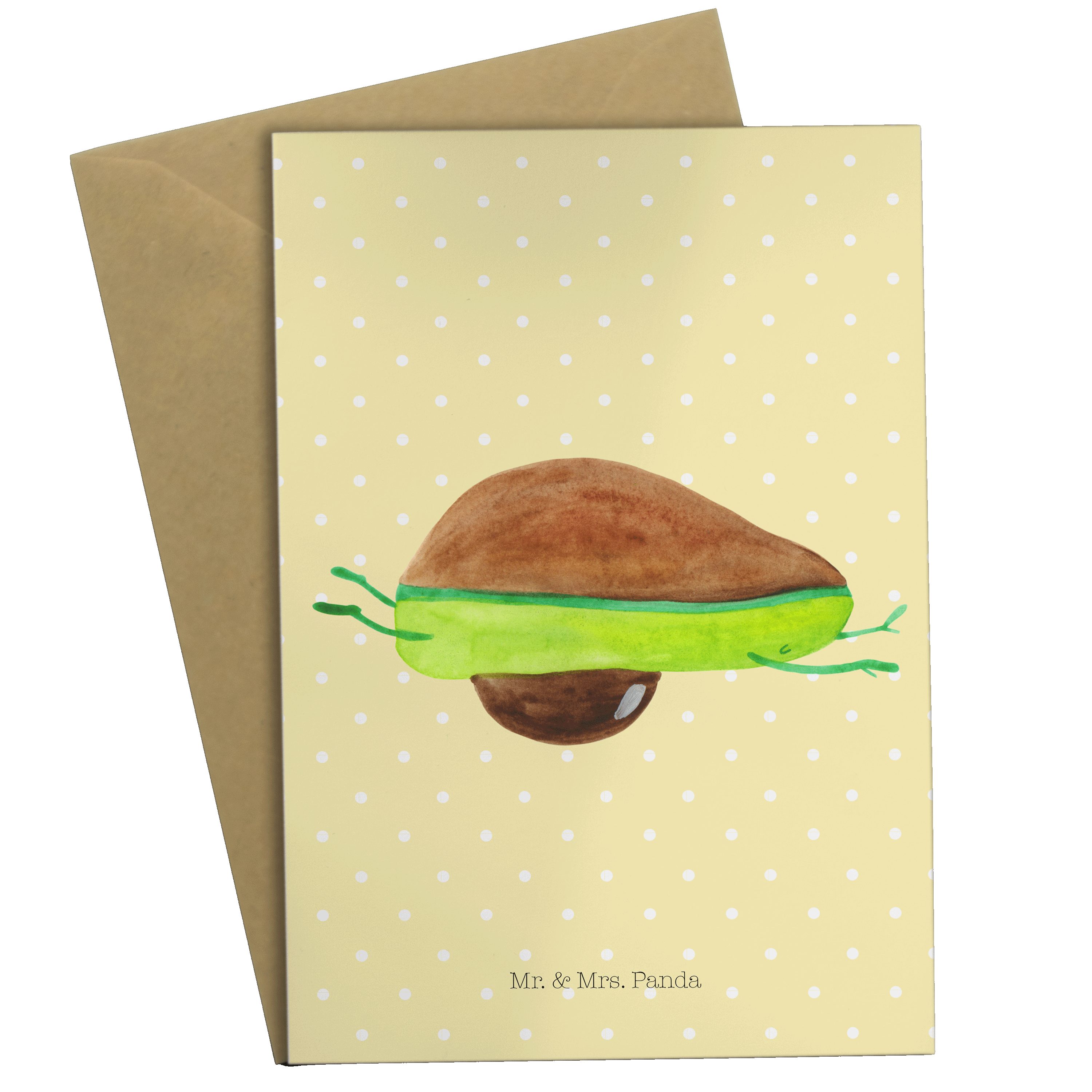 Mr. & Mrs. Panda Grußkarte Avocado Yoga - Gelb Pastell - Geschenk, Vegan, Veggie, Einladungskart