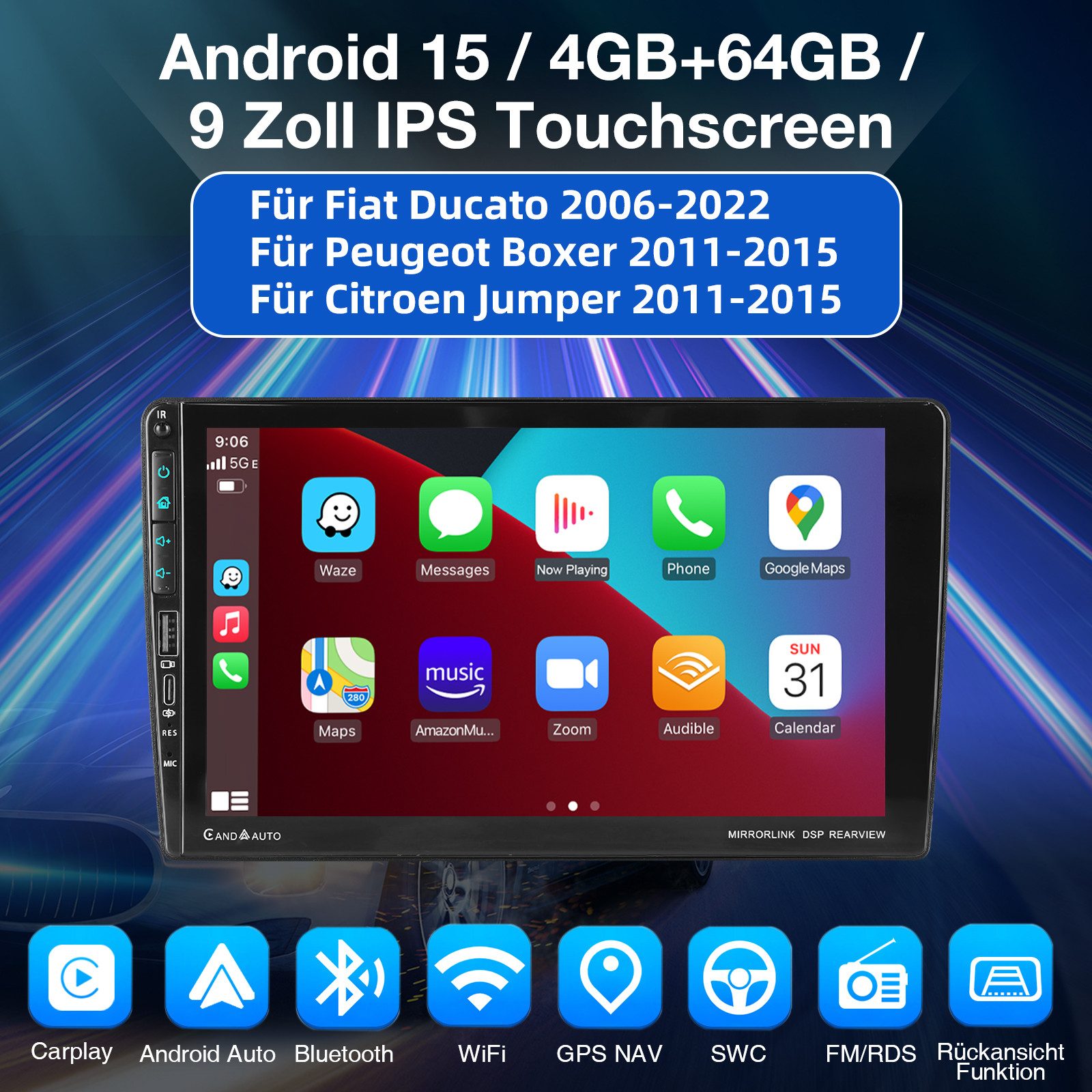 ESSGOO DAB+ Für Fiat Ducato 2006-2023 Carplay Android 15 Autoradio GPS Wifi Autoradio (RDS, 4+64GB(optional), DAB (optional), FM, AM, DAB+ (optional), Carplay Android Auto Bluetooth EQ USB GPS Navi WIFI Touchscreen)