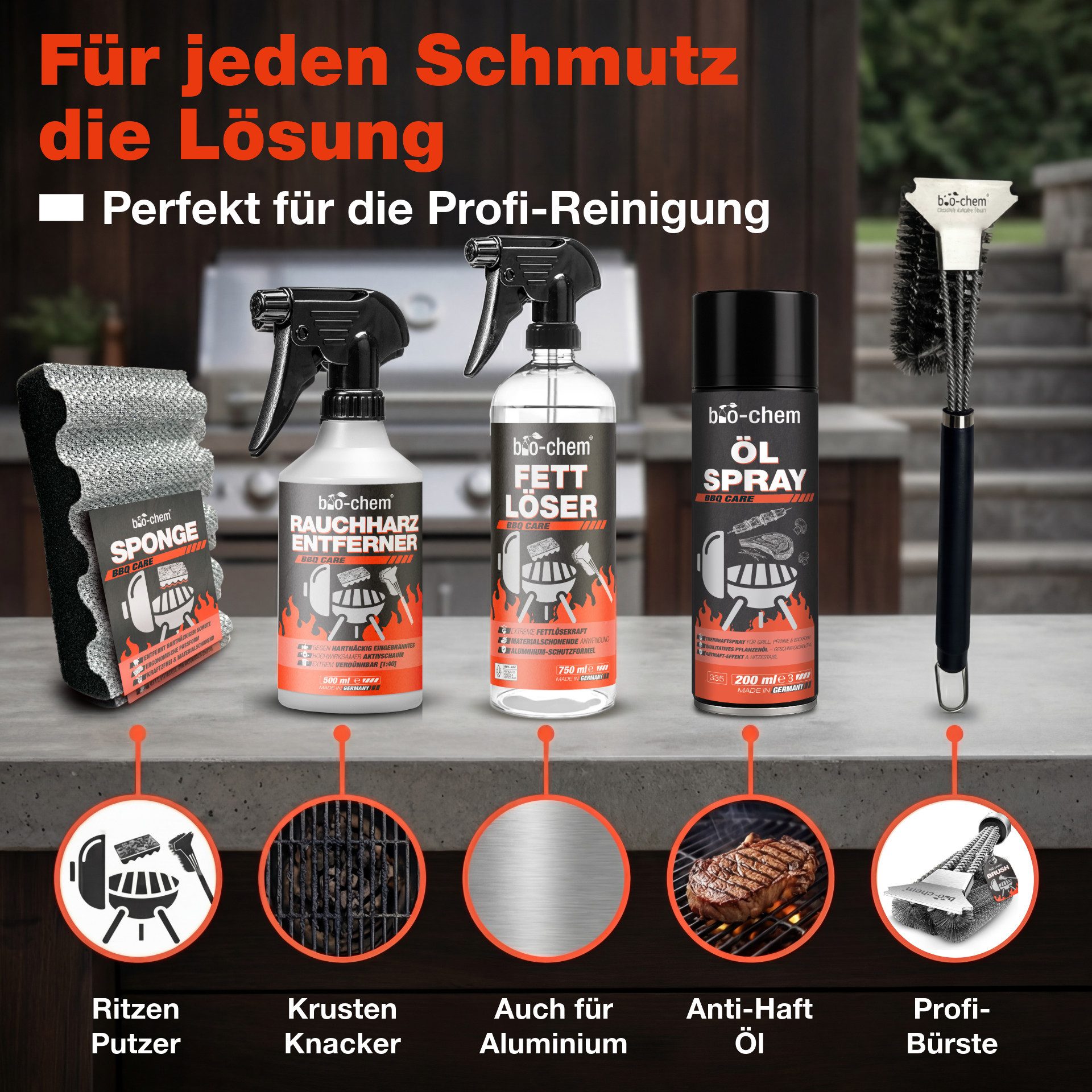 bio-chem Grill- & Backofen Reinigungsset – Reinigung + Pflege + Zubehör Grillreiniger (Sparpaket, [5-St. Grill- und Backofen PROFI-SET 5-teilig Praktisches Set: Grillreiniger, Fettlöser, Ölspray)