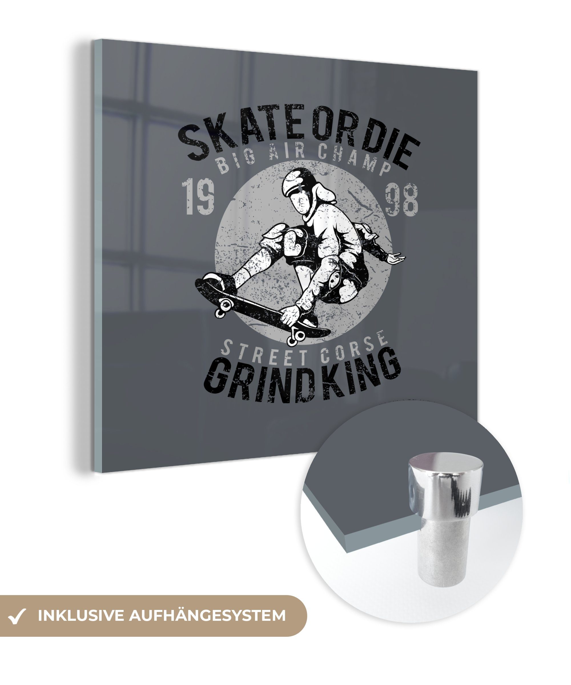 Glas Foto - Retro Skateboard St), - (1 - MuchoWow Glas Bilder Wandbild - Acrylglasbild auf Wanddekoration auf - Zeichnung, Glasbilder