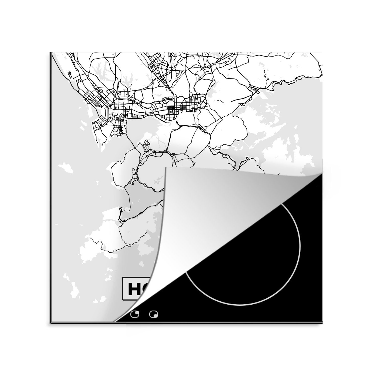 MuchoWow Herdblende-/Abdeckplatte Hongkong - Stadtplan - Schwarz und weiß - Karte, Vinyl, (1 tlg), 78x78 cm, Ceranfeldabdeckung, Arbeitsplatte für küche