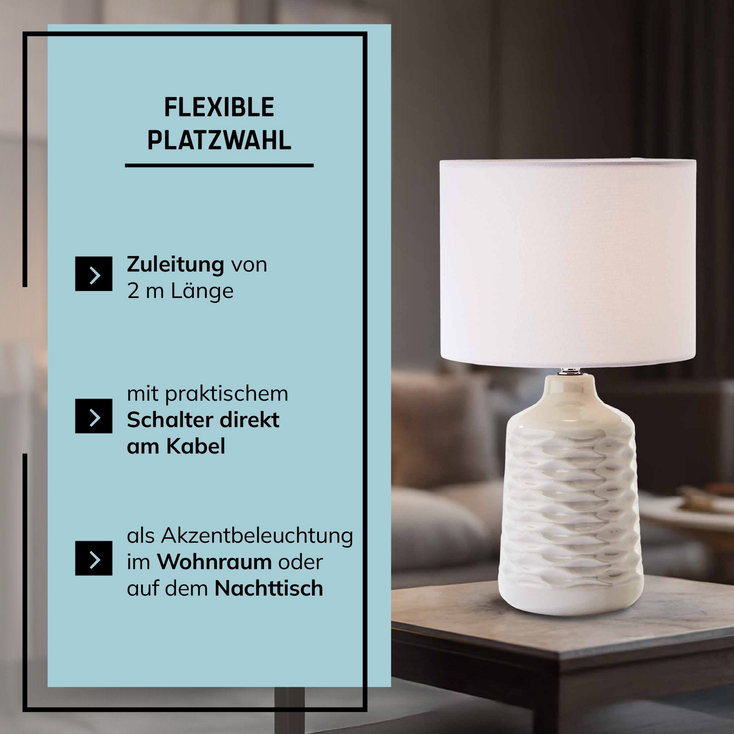 Lightbox Tischleuchte, ohne Leuchtmittel, graue Keramik Tischlampe weißem Stoffschirm - 42 cm Höhe - E14 Fassung