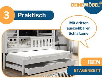 Deine Möbel 24 Etagenbett BEN für 3 Kinder 90x200 Weiß ohne Matratzen / mit Matratzen (Ausziehbett, Kinderbett mit Rausfallschutz, Lattenrost und 2 Schubladen), Hochbett Funktionsbett aus Massivholz, in 2 Kinderbetten umbaubar