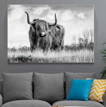 TPFLiving Kunstdruck (OHNE RAHMEN) Poster - Leinwand - Wandbild, Skandinawischer Büffel in schwarz und weiß (Verschiedene Größen), Farben: Leinwand bunt - Größe: 20x30cm