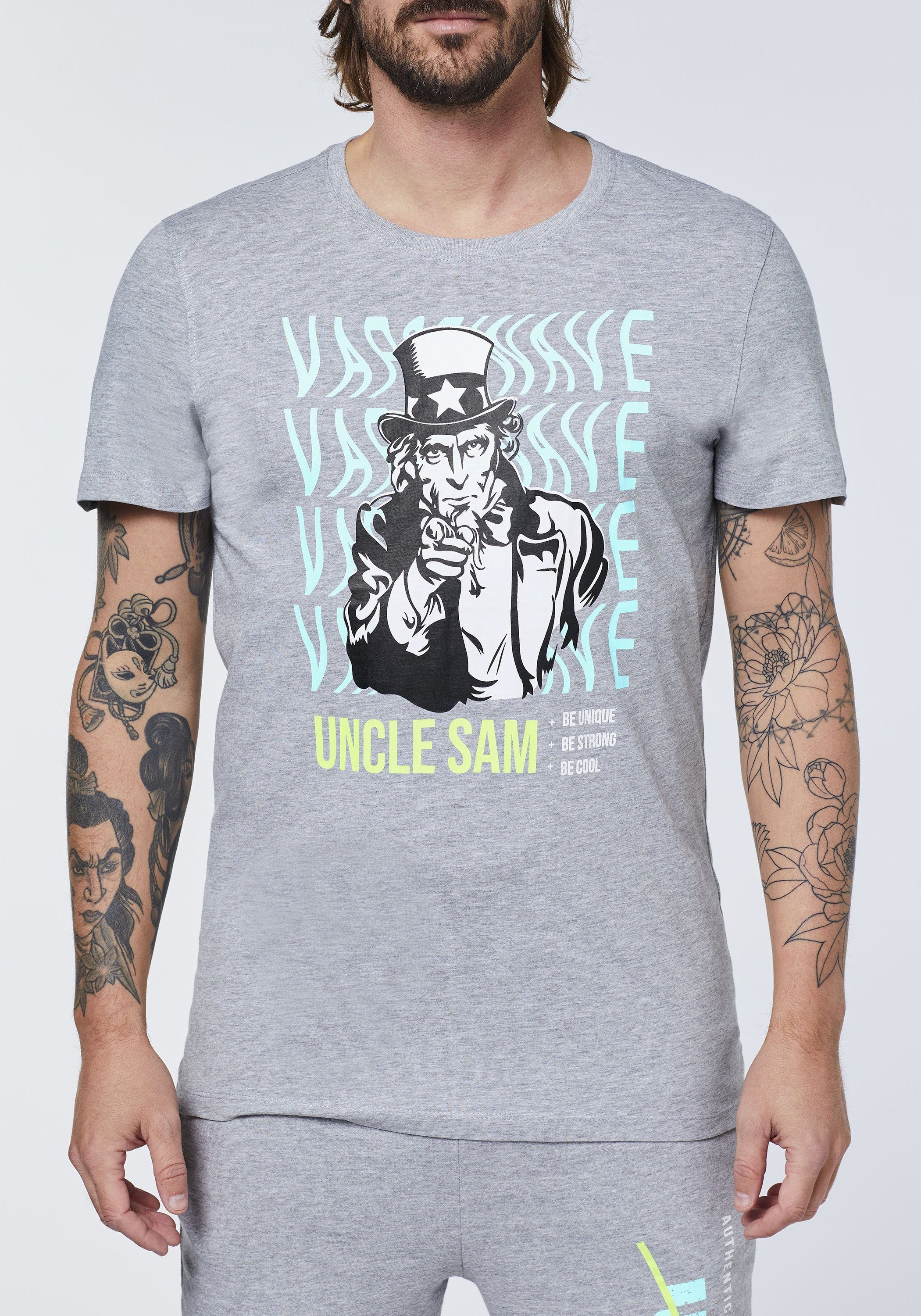 Uncle Sam Print-Shirt mit 17-4402M Uncle Gray Neutral Frontprint Melange Sam