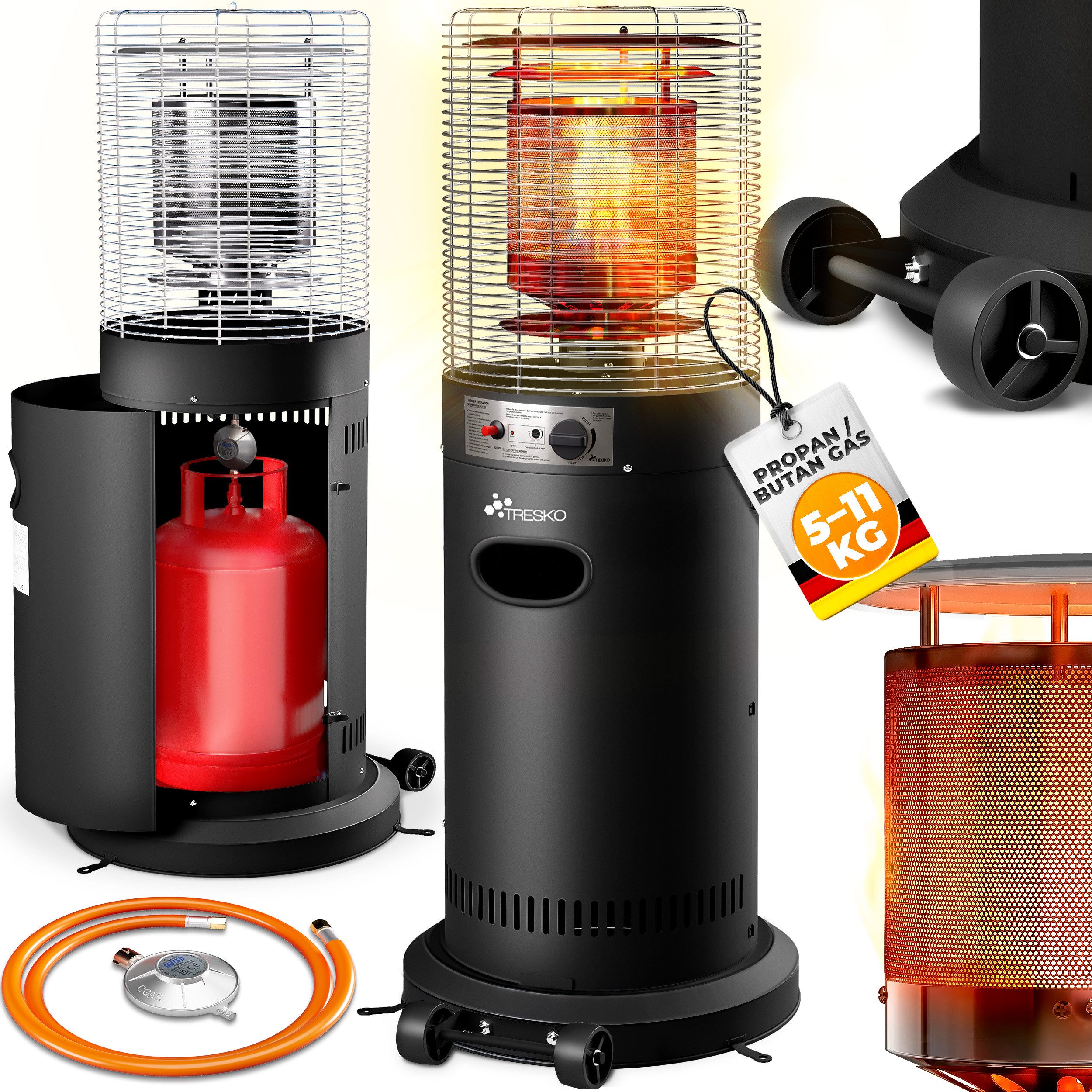 TRESKO Heizstrahler Gas 11 kW mit Rollen Outdoor Terrassenheizer Heizpilz Gasheizstrahler, für 5 & 11 kg Gasflaschen Terrasse Balkon Garten mit Schlauch & Regler