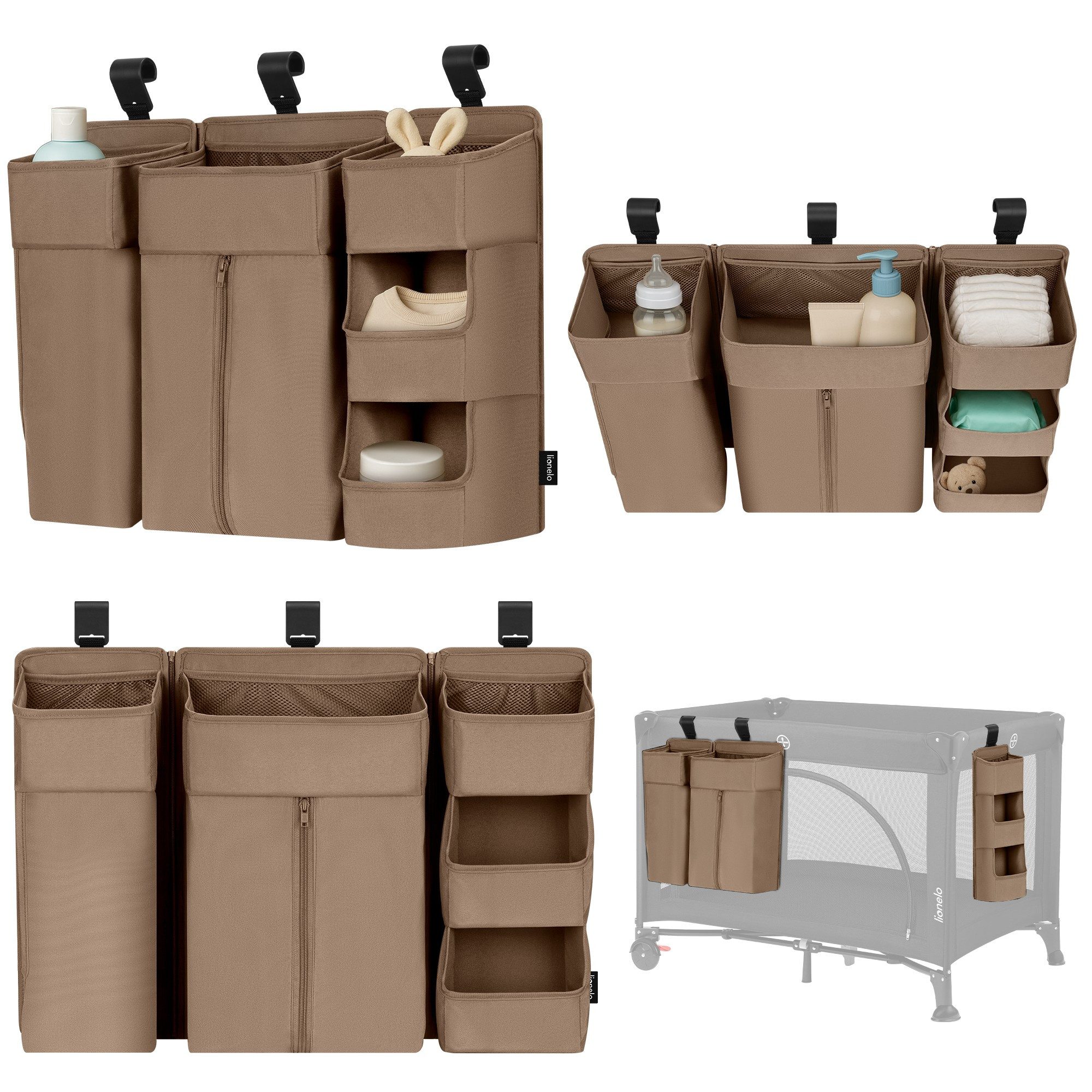 lionelo Betttasche SIDEPOCKET LARGE (Set, Set), 3Teile/modulareStruktur/Haken&Klett/PP-Platten/weiche Kanten
