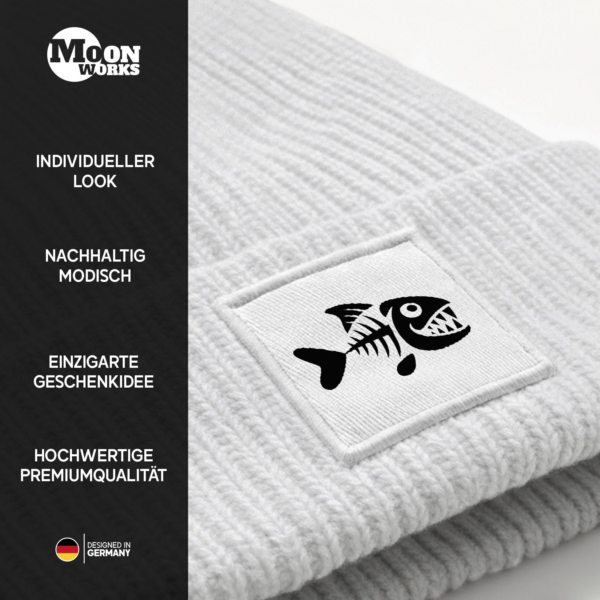 MoonWorks Strickmütze Herren Beanie Patch Piranha Grafik Print Lustig Wintermütze