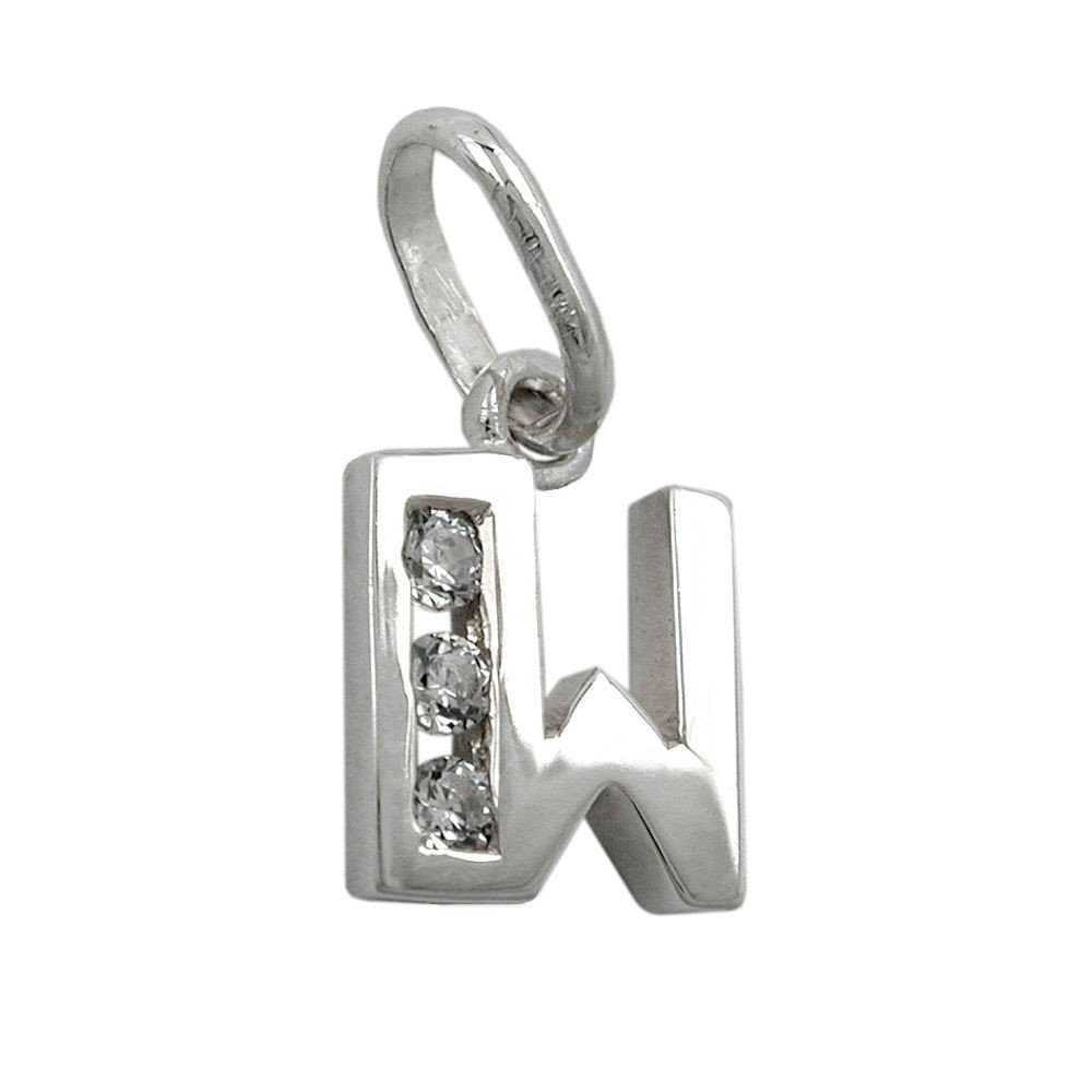 Buchstabenanhänger Anhänger Buchstabe W glänzend mit Zirkonias 925 Silber kl. Schmuckbox