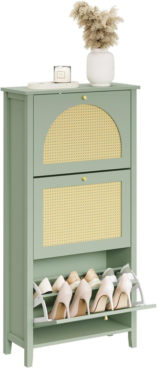 SoBuy Schuhkipper FSR222, Schuhschrank schmal mit 3 Klappen, Schuhablage Schuhkommode (1er Set), Schuhkipper, Platzsparend, für 12 Paar Schuhe, bis EU-Größe 46, Flur