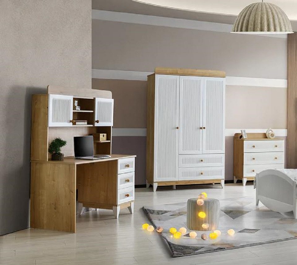 Jugendzimmer-Set Modernes Jugendzimmer in Weiß mit Schrank, Tisch und Kommode