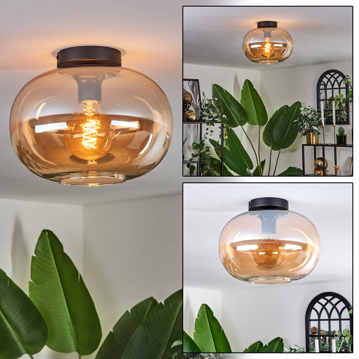hofstein Deckenleuchte Deckenlampe aus Metall/Glas in Schwarz/Bernsteinfarben, ohne Leuchtmittel, moderne Leuchte mit Schirm aus Glas (30cm), 1xE27, ohne Leuchtmittel