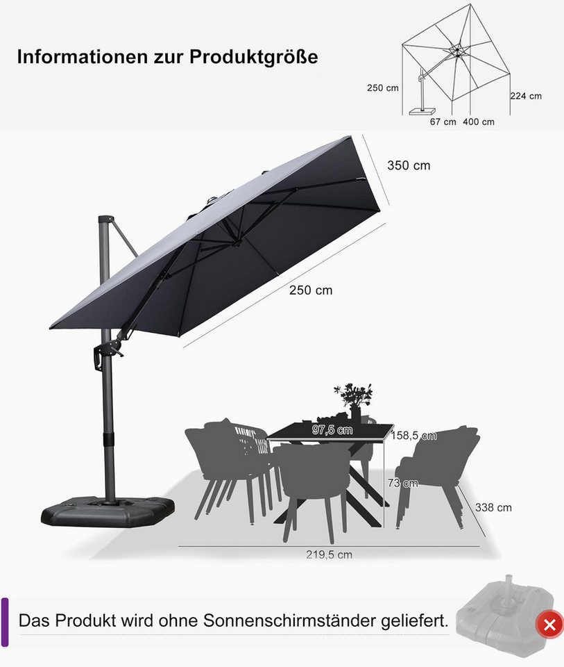 Thumbnail - PURPLE LEAF Ampelschirm Außenbereich Rechteckiger großer Seitlich Neigender Sonnenschirm, LxB: 350,00x250,00 cm, für Gar...