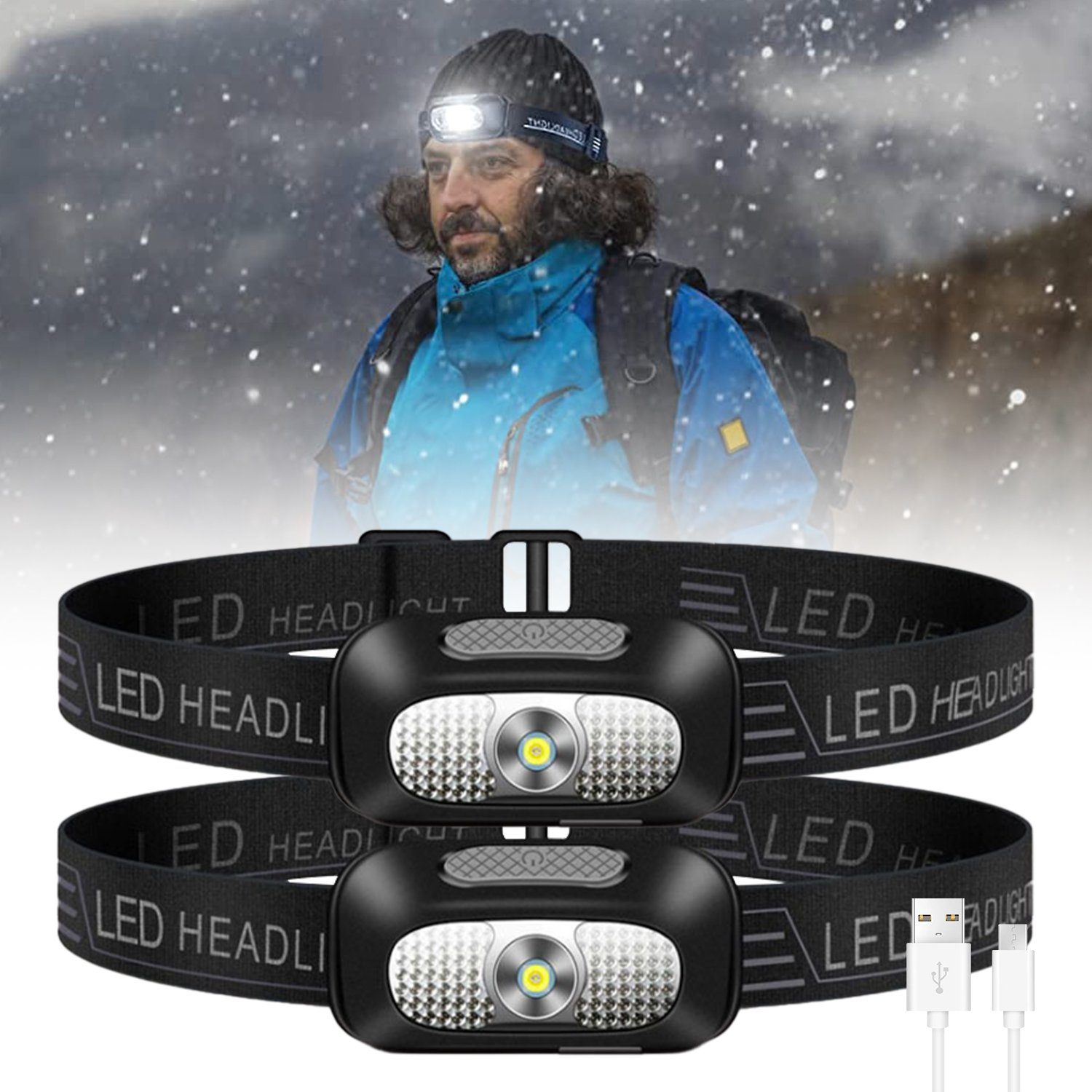 LED für Laufen, Abenteuer Kopflampe Wiederaufladbar, einstellbar Kpaloft Lichtwinkel Set Camping, Stirnlampe USB Wasserfest, 2er 5 60° Modi,