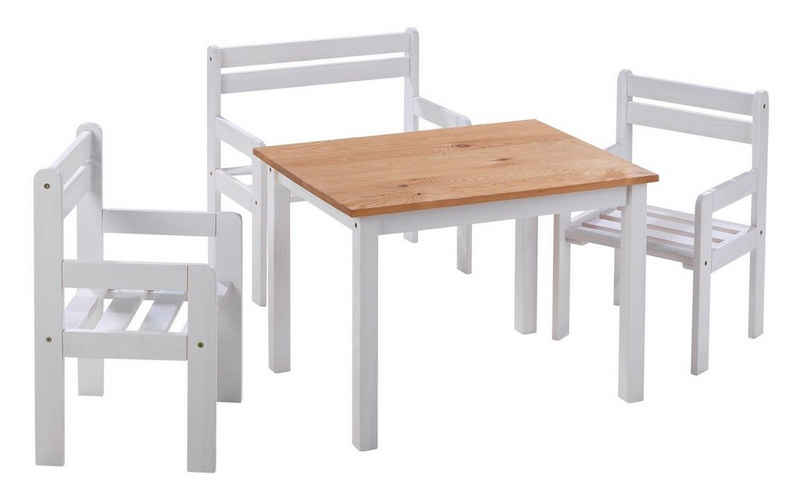Home4You Kindersitzgruppe, Kiefernholz massiv, (4-tlg), mit 1 Tisch, 1 Sitzbank und 2 Стільціn